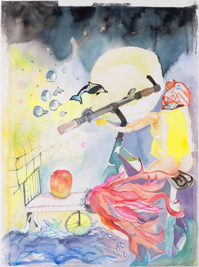 Kristina Schmidt, Er hat keinen Platz im Rucksack, aber wenn ich ihn auf dem Bett vergesse kann ich ihn auf der Arbeit nicht essen, 2020, watercolour on paper, 55 x 76 cm