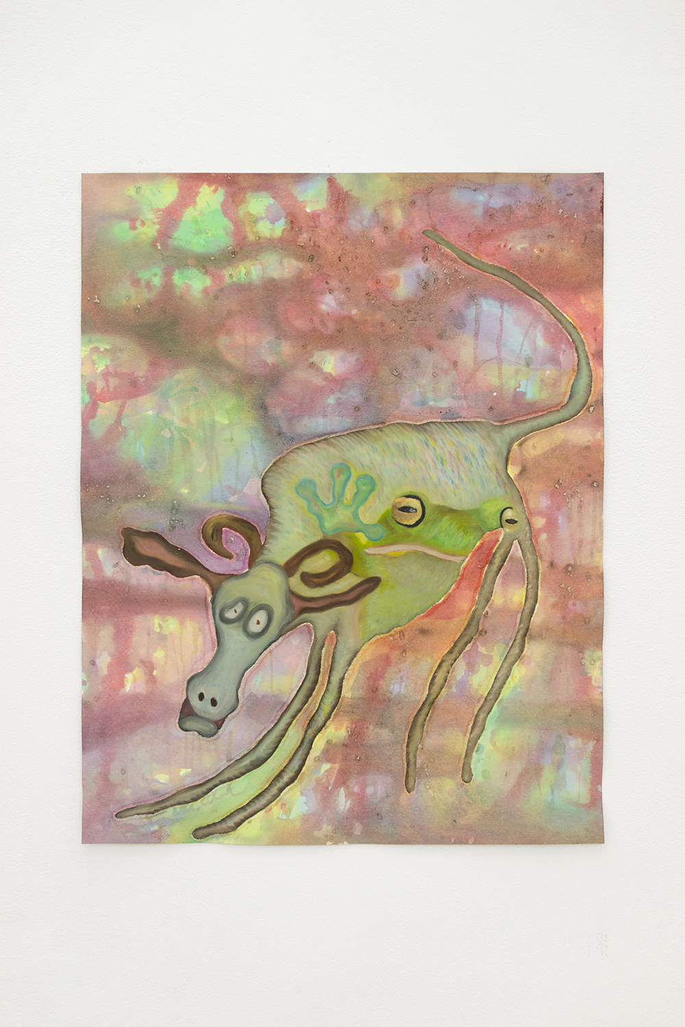 Jan Gatewood, gorFlluB, a callback & a rip, 2020, Oil pastel, oil stick, fabric dye, industrial salt, & fabric spray paint on paper, 22 x 28 in.