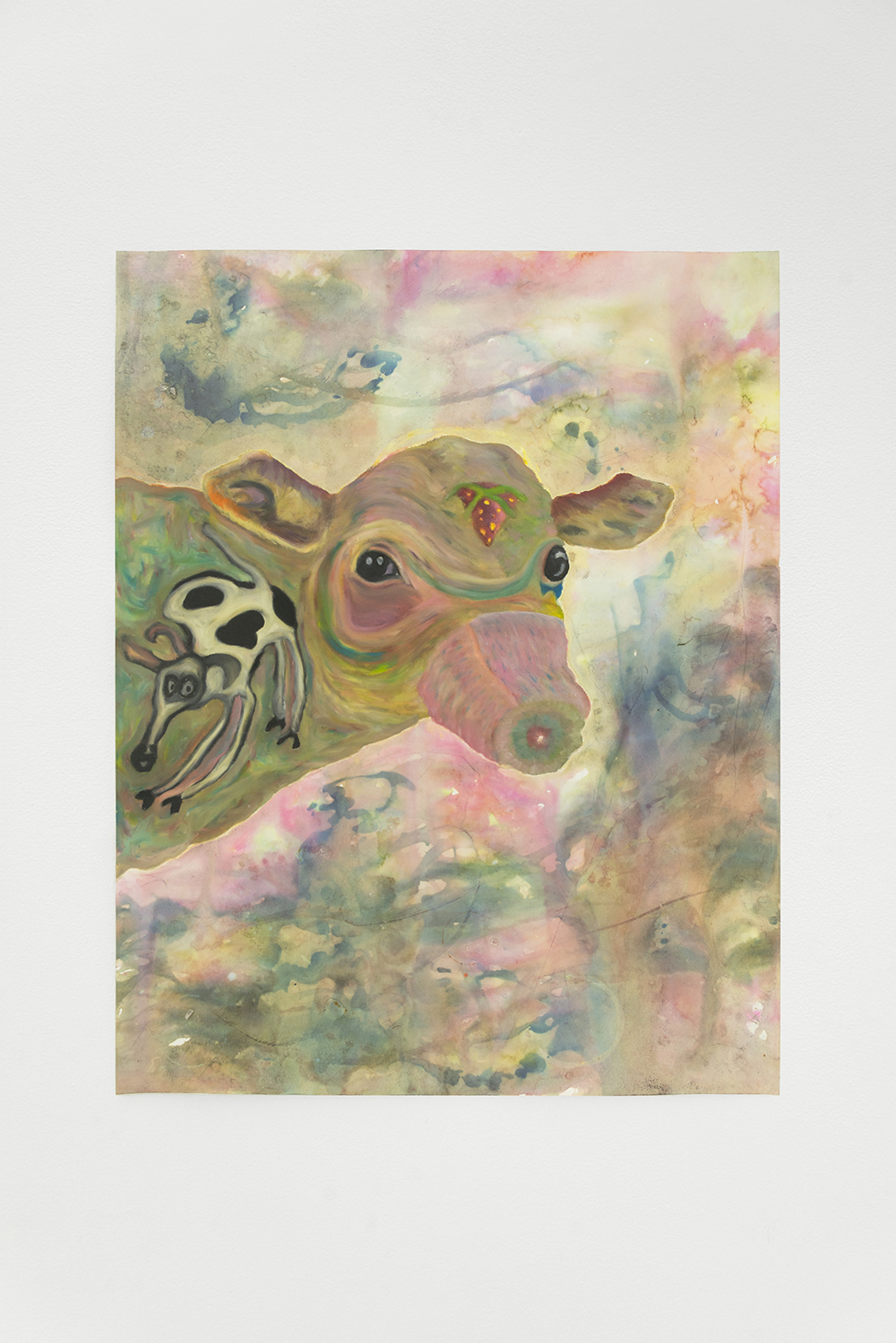 Jan Gatewood, Lily (Moo). A rip in addition to a callback, 2020, Oil pastel, oil stick, fabric dye, industrial salt, & fabric spray paint on paper, 22 x 28 in.