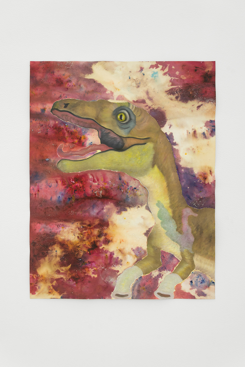 Jan Gatewood, CandyAppleGrey HÜmanMusic + Patrice O’neal, 2020, Oil pastel, oil stick, fabric dye, industrial salt, & fabric spray paint on paper, 22 x 28 in.