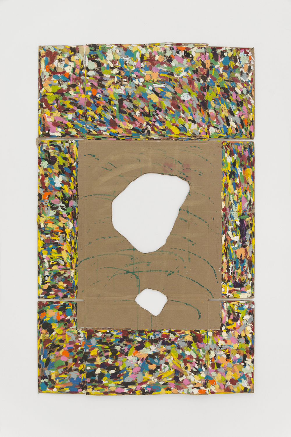Jan Gatewood, Linguistic (Mani) Content Orifest, 2020, Oil pastel, oil stick, & fabric dye on cardboard, 32.5 x 52.5 in.