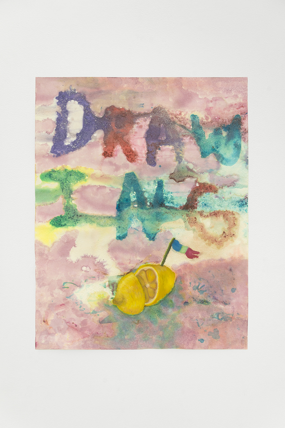 Jan Gatewood, The answer here is in The Andy Milonakis Show theme song, Oil pastel, oil stick, fabric dye, industrial salt, & fabric spray paint on paper, 22 x 28 in.