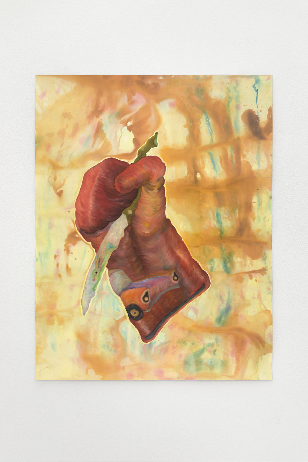 Jan Gatewood, Live Evil or live evil. Not so sharp left turn, 2020, Oil pastel, oil stick, fabric dye, industrial salt, & fabric spray paint on paper, 22 x 28 in.