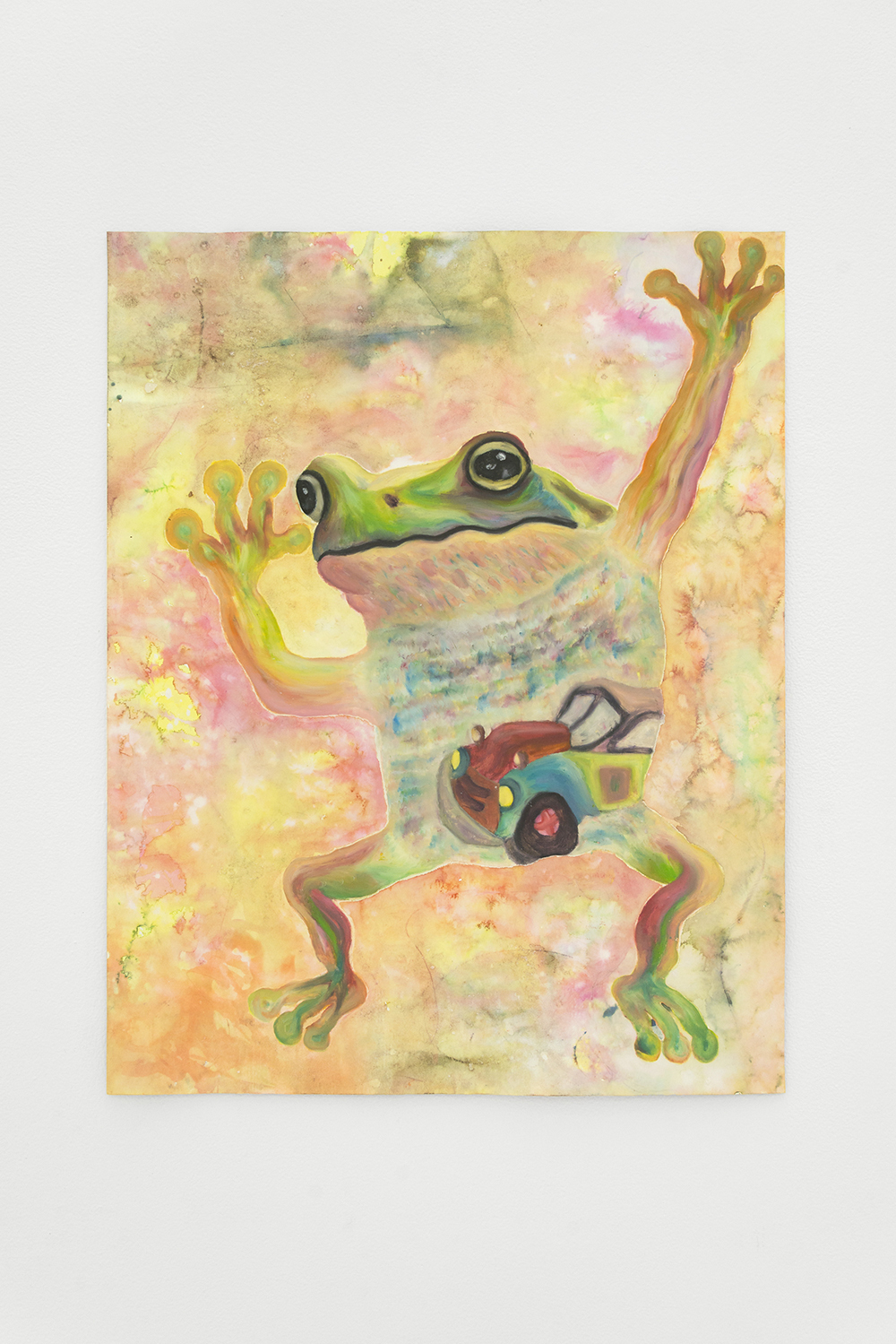 Jan Gatewood, (Journalistic title) Sam Morril / Sydney Poitier, 2020, Oil pastel, oil stick, fabric dye, industrial salt, lemon juice, & fabric spray paint on paper, 22 x 28 in.