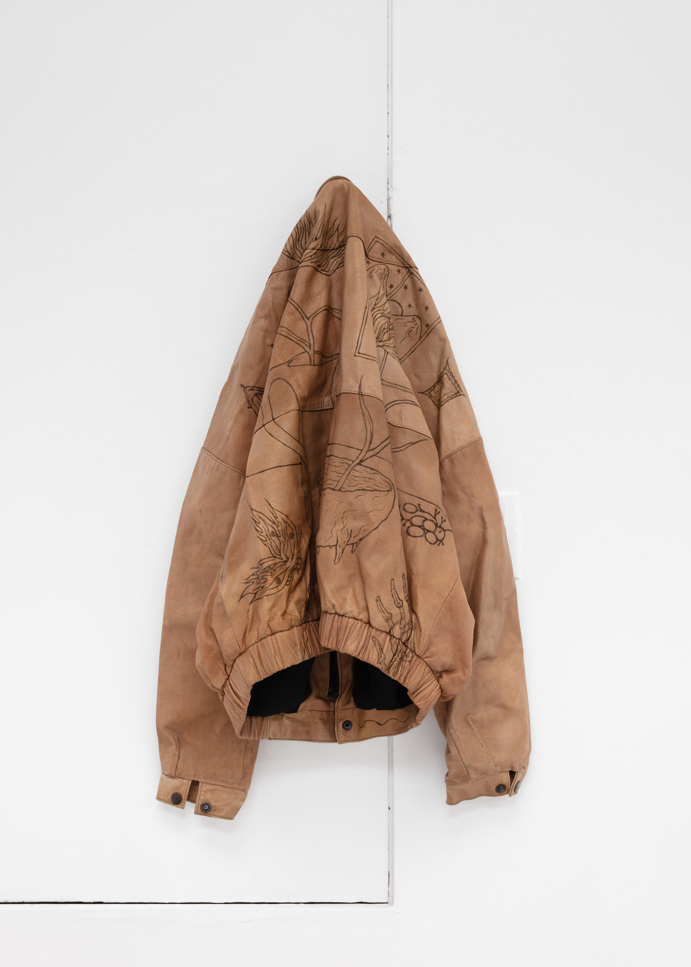 Asma, Still Life, 2019, pyrography drawing on vintage leather jacket, size variable