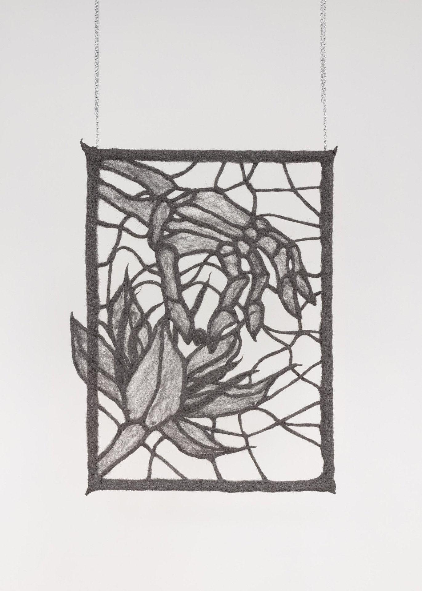 Asma, The hand feeding the snake, 2019, felted steel wool, steel frame, chain,  29.5 x 23 inches
