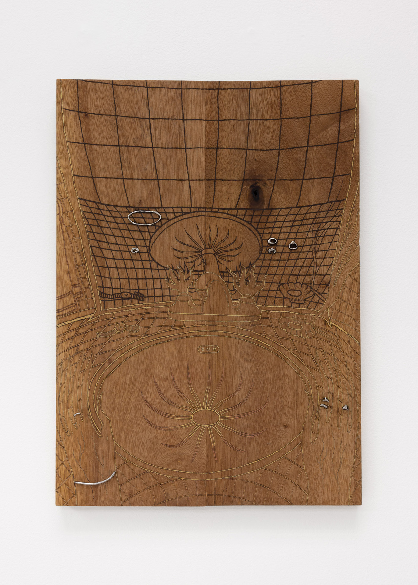 Asma, the mirror itself, 2019, pyrographed banak wood, filled with pine, mahogany and  walnut wood fillers, copper inserts with tin, 13.5 x 19 x 1 inches