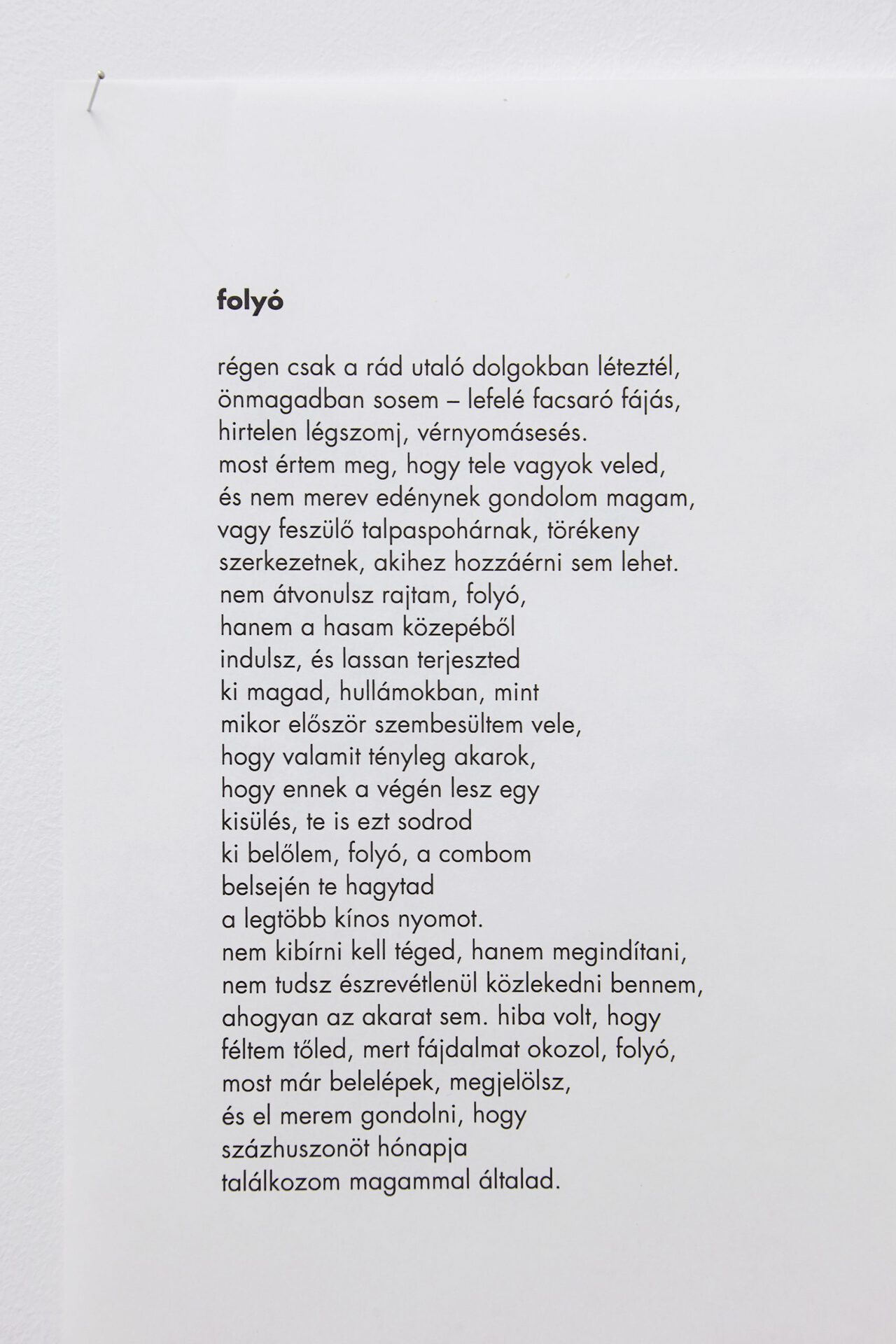 Eszter Kállay: River "before, you only existed within the things referring to you never on your own – pain tweaking downwards, sudden shortness of breath, dropping blood pressure. now I understand that I am full of you, and I do not think of myself as a hard-shell vessel or a tightened wineglass that cannot be touched. you do not pass over me, river, but you come from the middle of my guts and extend yourself slowly, in waves, just like when I first realized that I really want something, that there will be a discharge at the end of this, you also drift this from inside of me, river, you left the most awkward stains on my inner thighs. one should not endure you but bring you into action, you cannot move in me unnoticed, just like volition. it was a mistake to be afraid of you, because you cause pain, river, now I step inside of you, you mark me, and I dare to think about the fact that I have been meeting myself through you for one hundred and twenty months." Translation by Eszter Kállay, Photo: Sári Ember, courtesy of Ani Molnár Gallery
