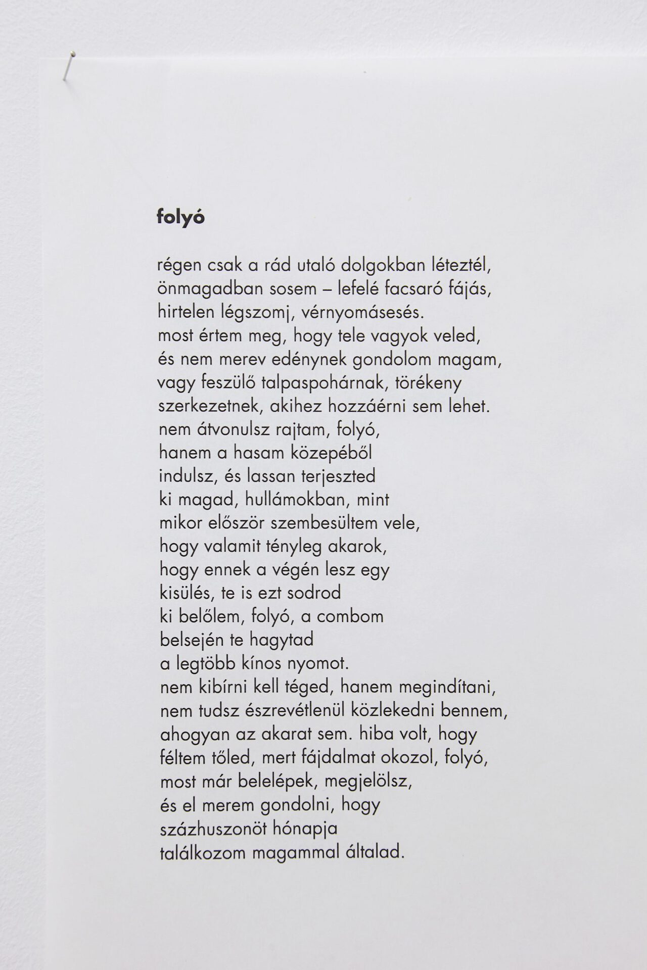 Eszter Kállay: River "before, you only existed within the things referring to you never on your own – pain tweaking downwards, sudden shortness of breath, dropping blood pressure. now I understand that I am full of you, and I do not think of myself  as a hard-shell vessel or a tightened wineglass that cannot be touched. you do not pass over me, river, but you come from the middle of my guts and extend yourself slowly,  in waves, just like when I first realized  that I really want something, that there will be a discharge  at the end of this, you also drift this from inside of me, river,  you left the most awkward  stains on my inner thighs.  one should not endure you  but bring you into action, you cannot move in me unnoticed, just like volition. it was a mistake to be afraid of you, because you cause pain, river, now I step inside of you, you mark me, and I dare to think about the fact that I have been meeting myself through you for one hundred and twenty months." Translation by Eszter Kállay, Photo: Sári Ember, courtesy of Ani Molnár Gallery