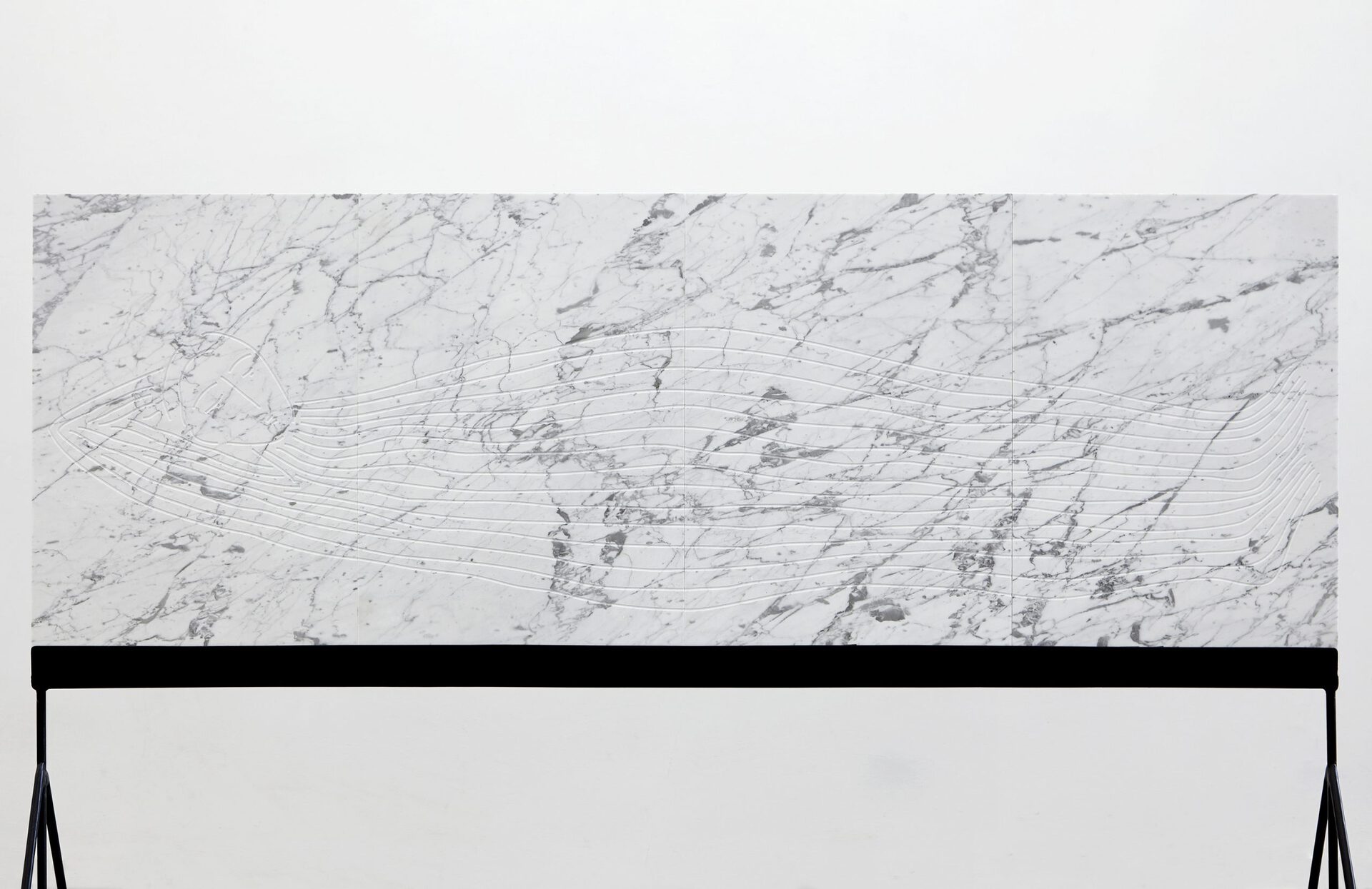 Sári Ember: Reclining figure in stone, 2020 marble, iron, 135,5x65x160 cm, Photo: Sári Ember, courtesy of Ani Molnár Gallery