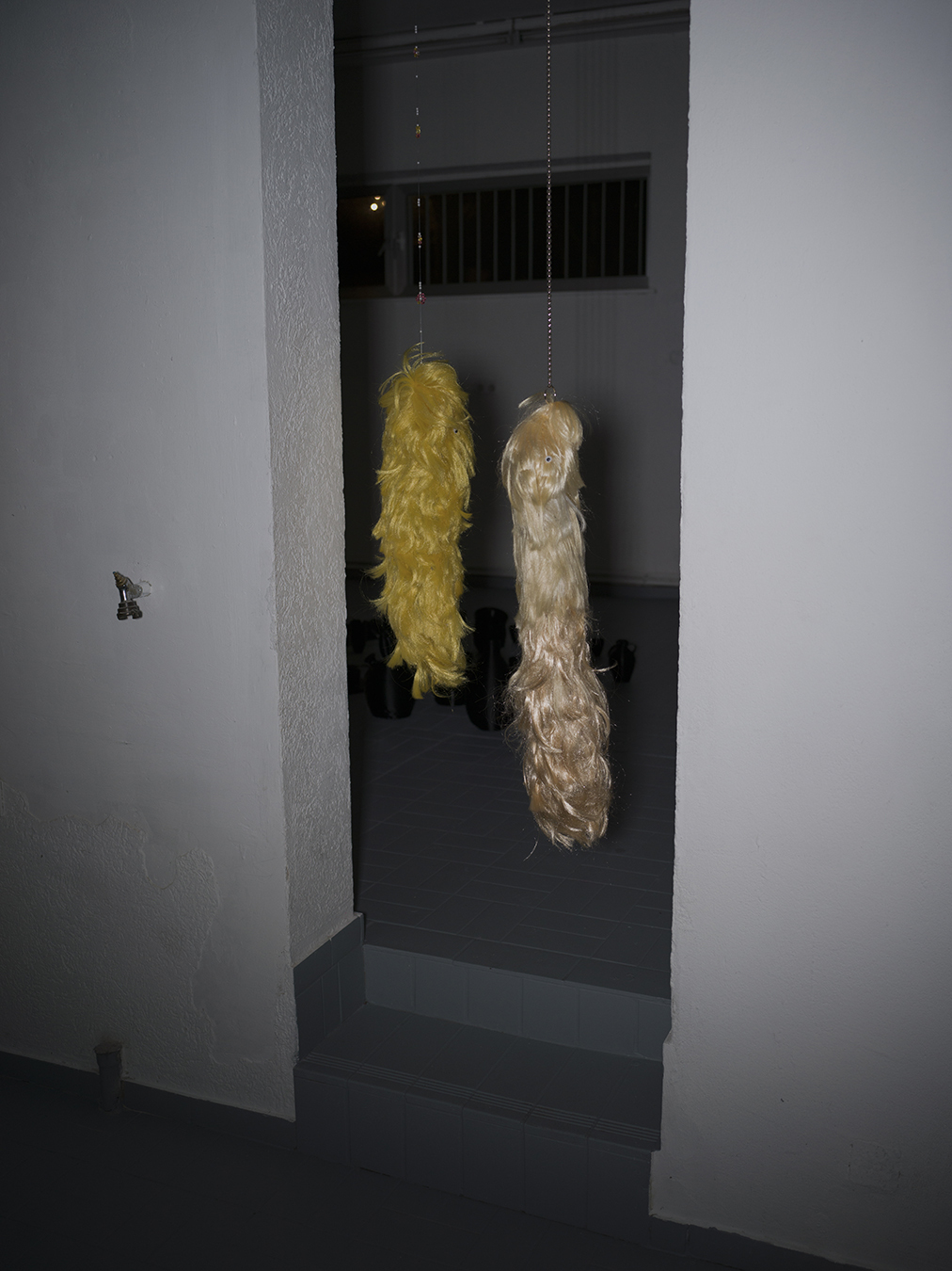Theresa Rothe, Lazy Hairy Worms 1,2, Tights, Hair, Chains, Plastic Eyes, 2020