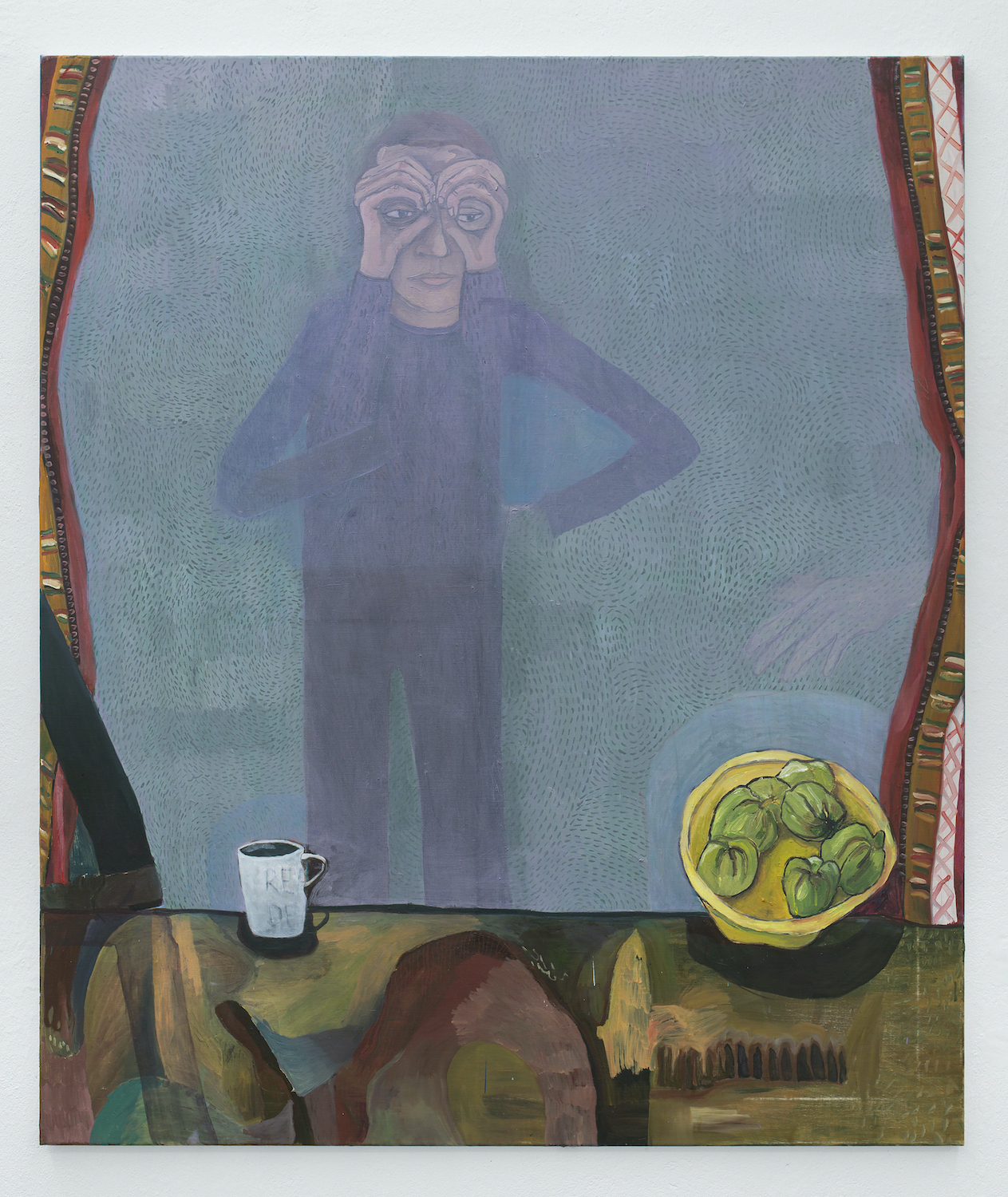 PETER SIMPSON, the clammy hands of apple pickers (where's my snickers?), 2020, oil on canvas, 120 x 140 cm