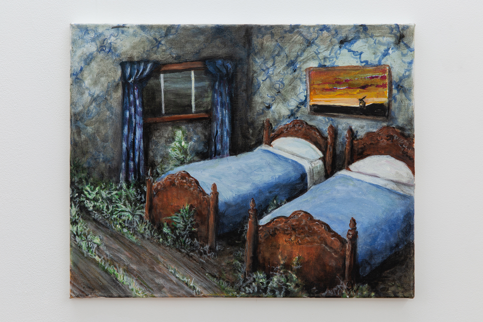 Robert Hawkins, Abandoned Motel Room with Hawkins Painting, 2020, Oil on canvas, 40cm x 50cm