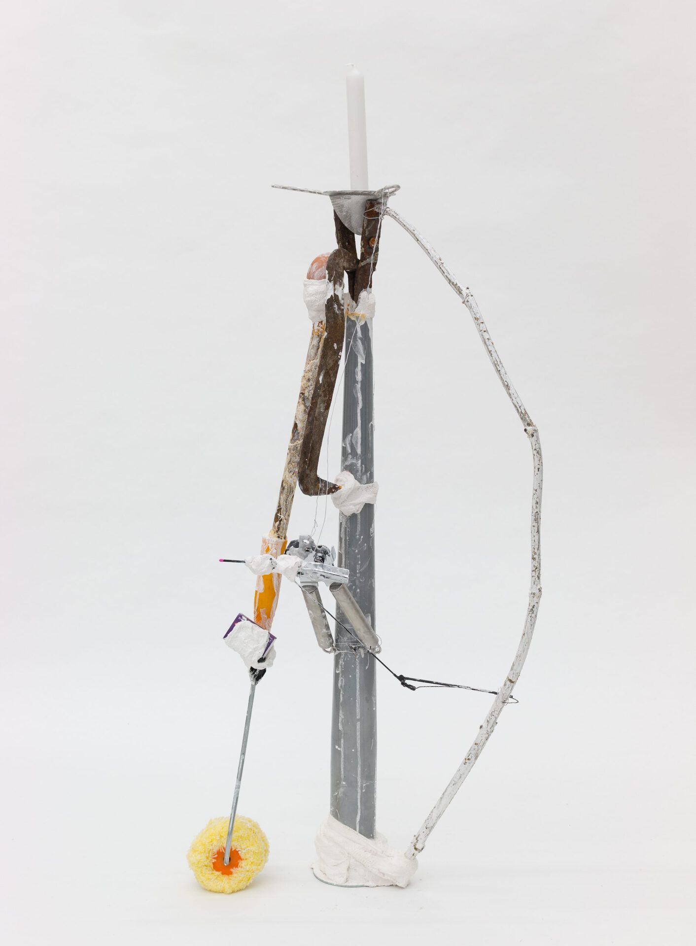 Sophie Schmidt, Kerzenständer mit Gehstock mit Ei, 2020, Steel, gauze bandage, sticks, paint roller, matchbox, tin opener, painted steel, sieve, candle, acrylic ink, egg, cement, 80 x 30 x 40 cm