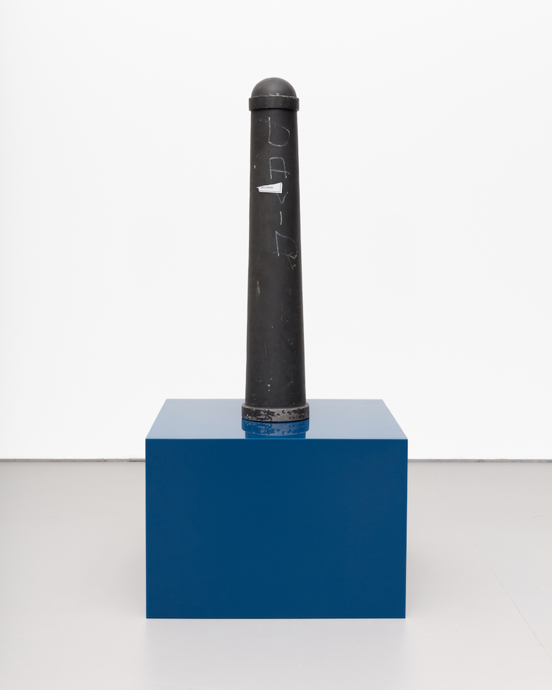 Marte Eknæs, Bollard (David), 2020, powder coated steel bollard, MDF, epoxy, h= 145.5 cm (bollard: 85.5 x 17 cm; plinth: 60 x 60 x 42 cm)
