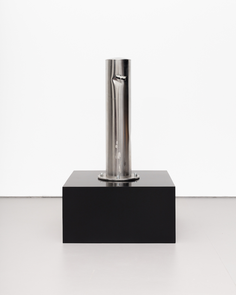 Marte Eknæs, Bollard (Oslo), 2012-2020, stainless steel bollard, MDF, epoxy, h= 100 cm (bollard: 70 x 25 x 25 cm; plinth: 30 x 60 x 60)