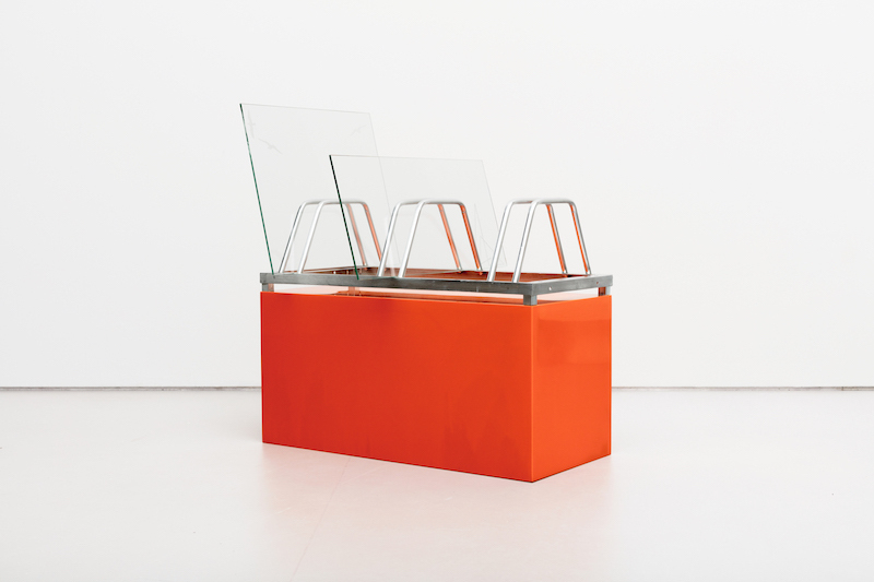 Marte Eknæs, POPS, 2010-2020, bicycle rack, etched glass, MDF, epoxy, total height: 97 cm (plinth: 42 x 39.5 x 88 cm; bycicle rack including glass: 55 x 68 x 88 cm)