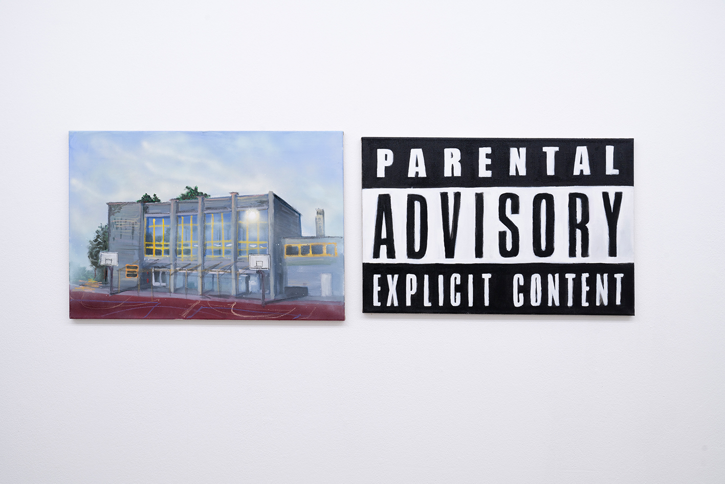 Thomas Moor, Mehrzweckhalle Fahrwangen, 2020, acrylic, oil pastell and gesso on canvas, 54 x 79 cm / Thomas Moor, Advisory, 2020, oil, acrylic and gesso on canvas, 50 x 77 cm