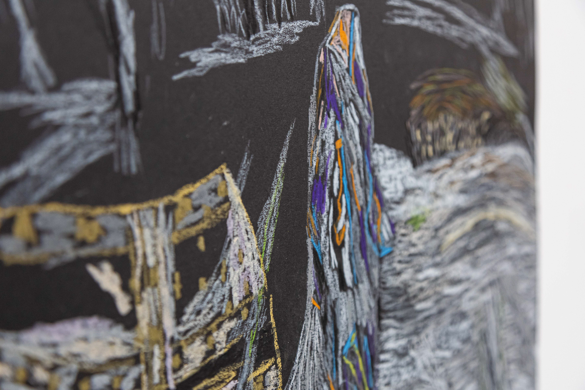 Elvira Axt, selfreflection in snow landscape, 2020, oil pastel on paper, 80 x 60 cm, Detail.