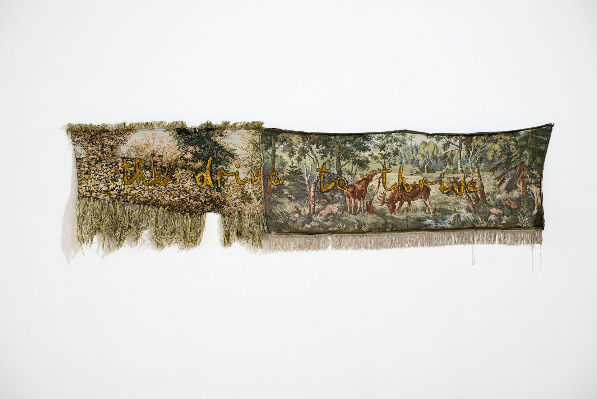 Gvantsa Jishkariani, The Drive to Thrive, Vintage Soviet tapestries, embroidery with Wool Thread. 255x60cm