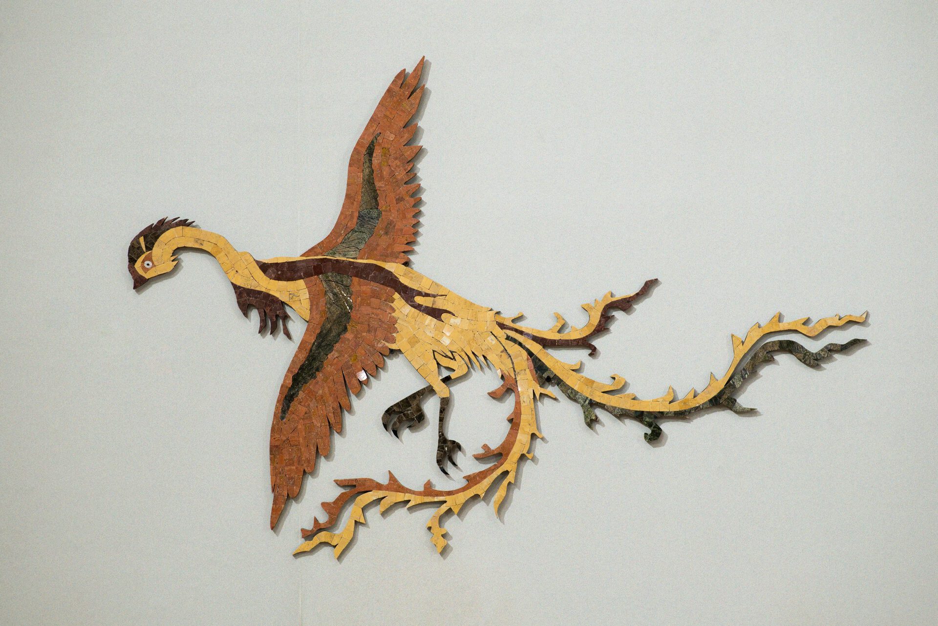 Gvantsa Jishkariani, fire Bird, Mosaic, Natural stones (marble, travertine) mosaic on plywood, 110X75CM