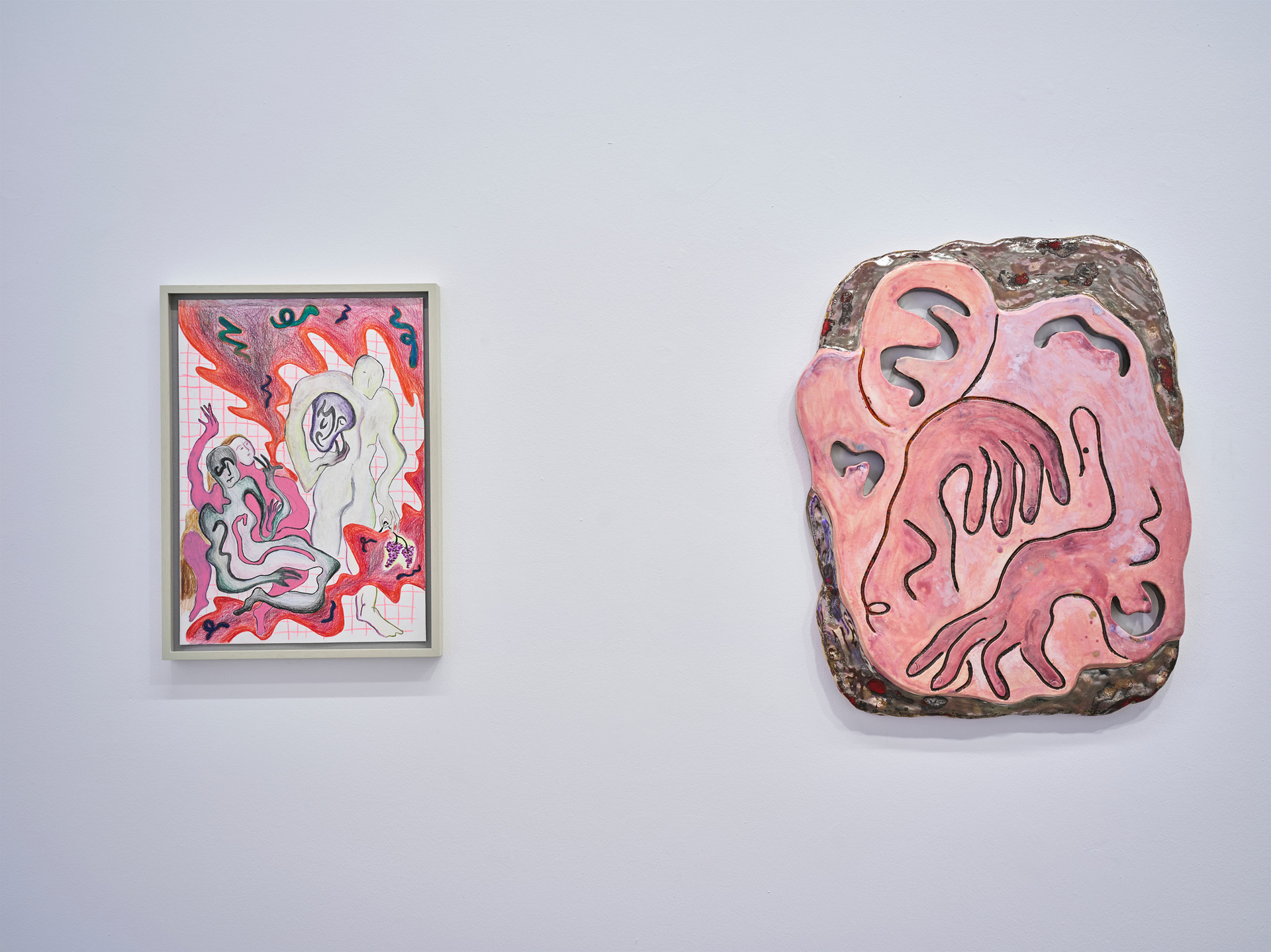 Left: Monika Grabuschnigg, Drifting into exactitude, such soonspeeding gear, 2019. Mixed media on paper, 42 x 30 cm. Right: Monika Grabuschnigg, I have a lot of thoughts on this but it exceeds my 128 gb, 2019. Glazed earthenware and resin. 58 x 46 x 2.5 cm