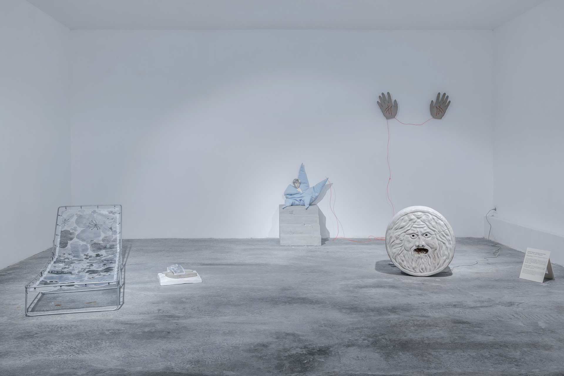 Kortmann Járay Katalin, Karina Mendreczky, The Whale of a Bad Time,etching on japan-paper,copper,concrete, plexiglass, textile, paper, led light, variable size, 2020