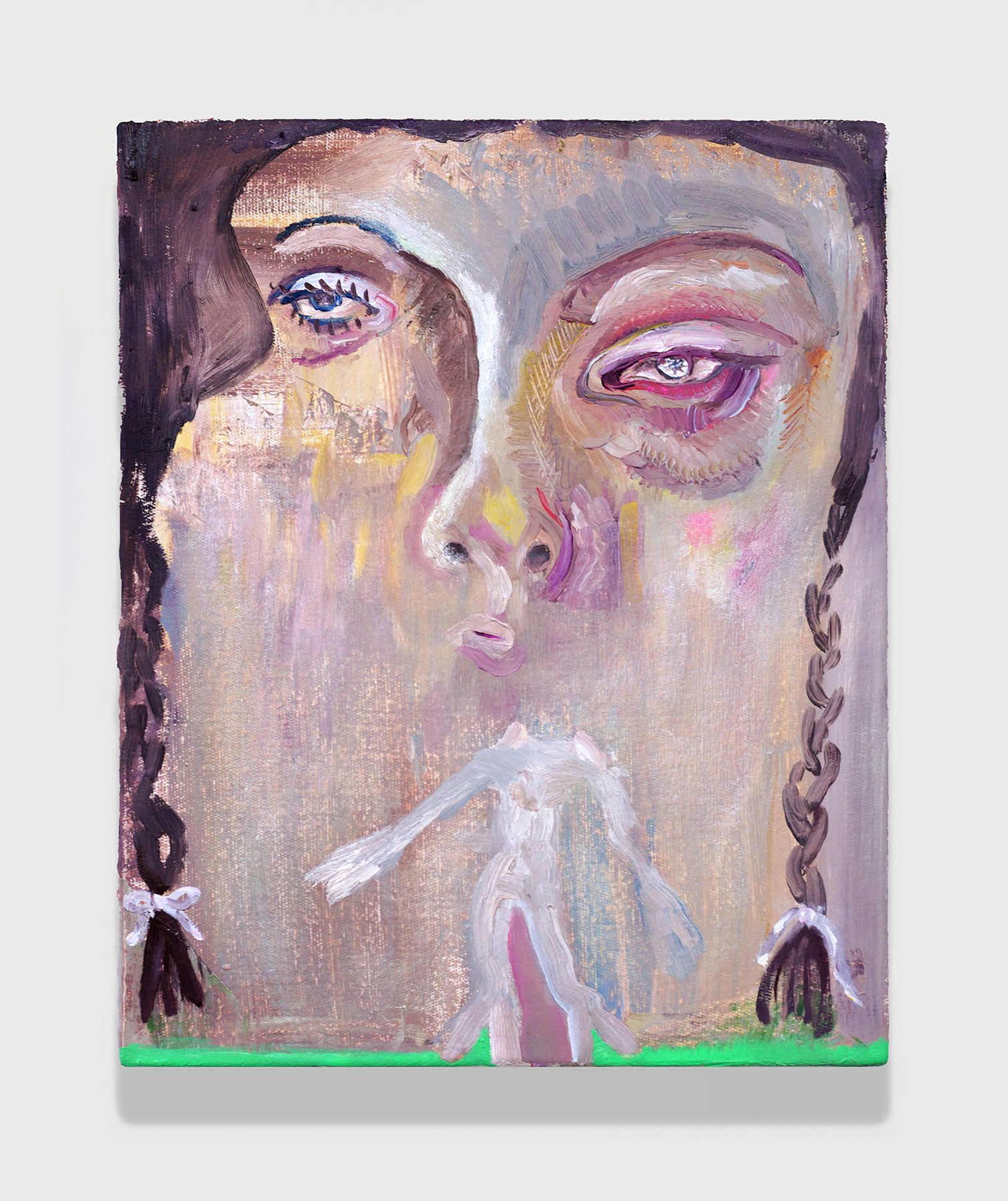 Nicole Chaput, Salt to the Slug (Part of the series Las Tres Somos unas Perras,    entonces no hay que ser una perra la una con la otra), 2020, Oil and mica particles on canvas, 40 x 32 x 8 cm