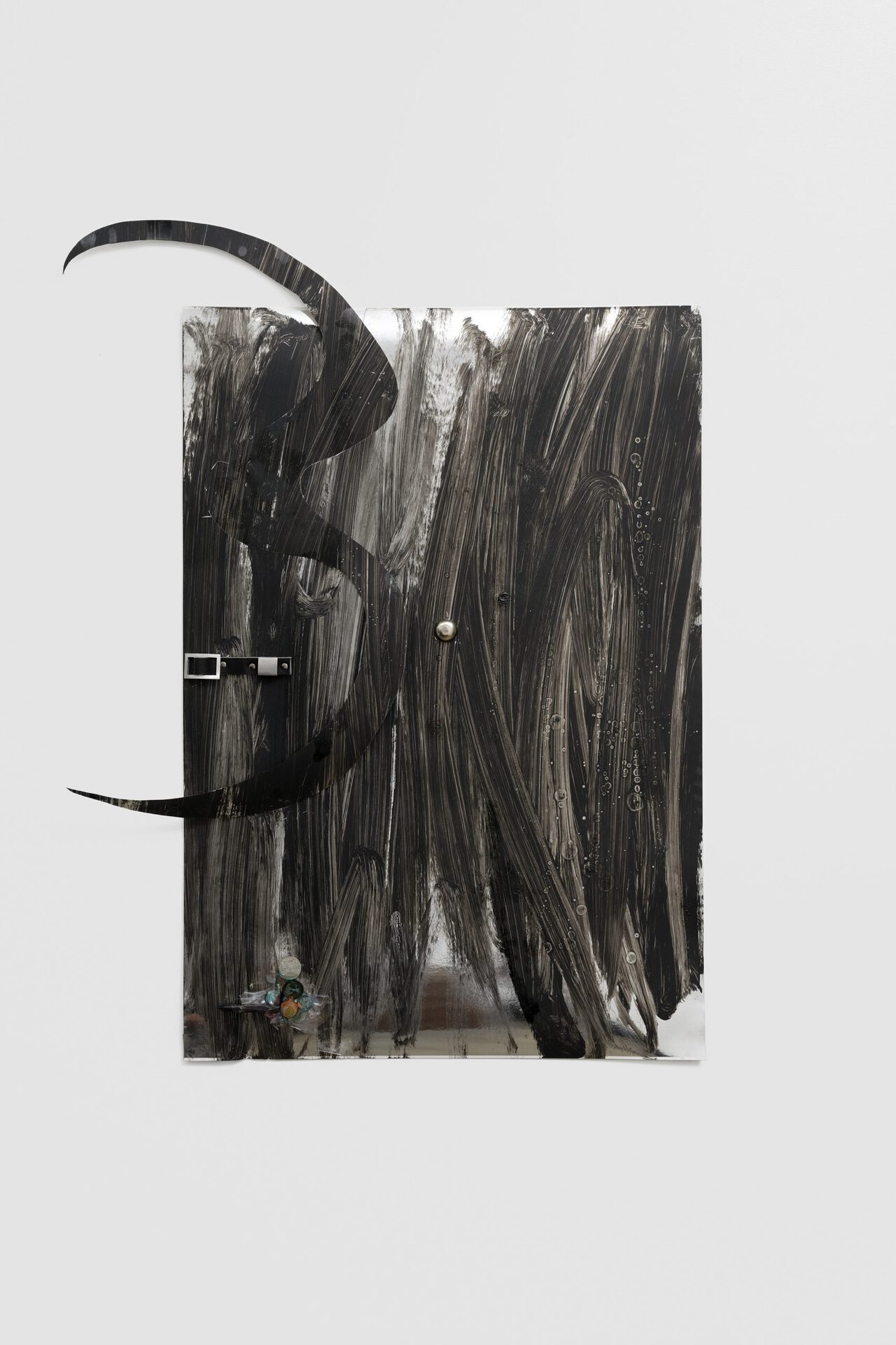 Cudelice Brazelton IV, Barb, 2021, acrylic, steel, glaze, synthetic leather, wood, coins, magnets on paper, 89 x 66.5 cm