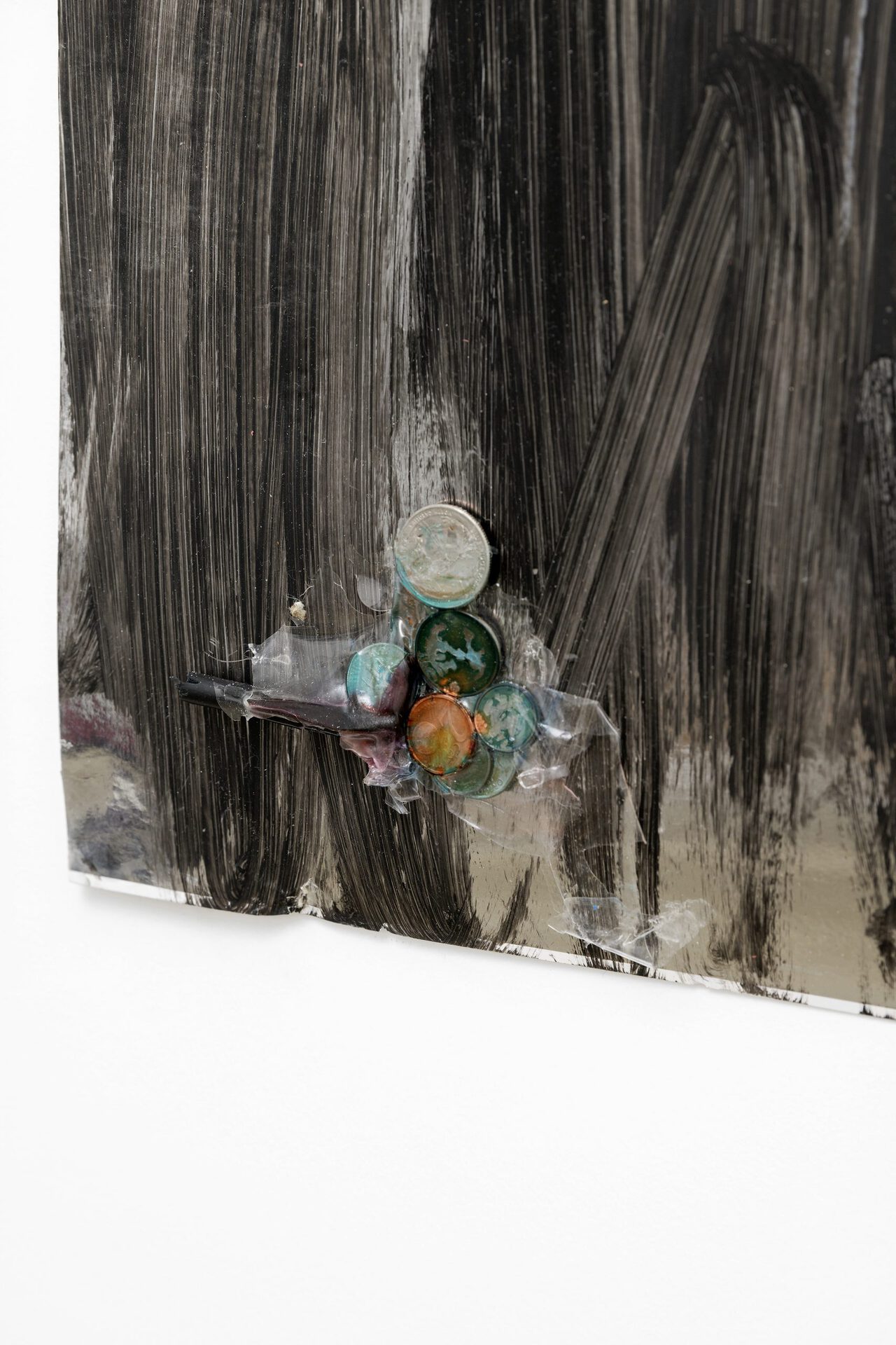 Cudelice Brazelton IV, Barb, 2021, acrylic, steel, glaze, synthetic leather, wood, coins, magnets on paper, 89 x 66.5 cm
