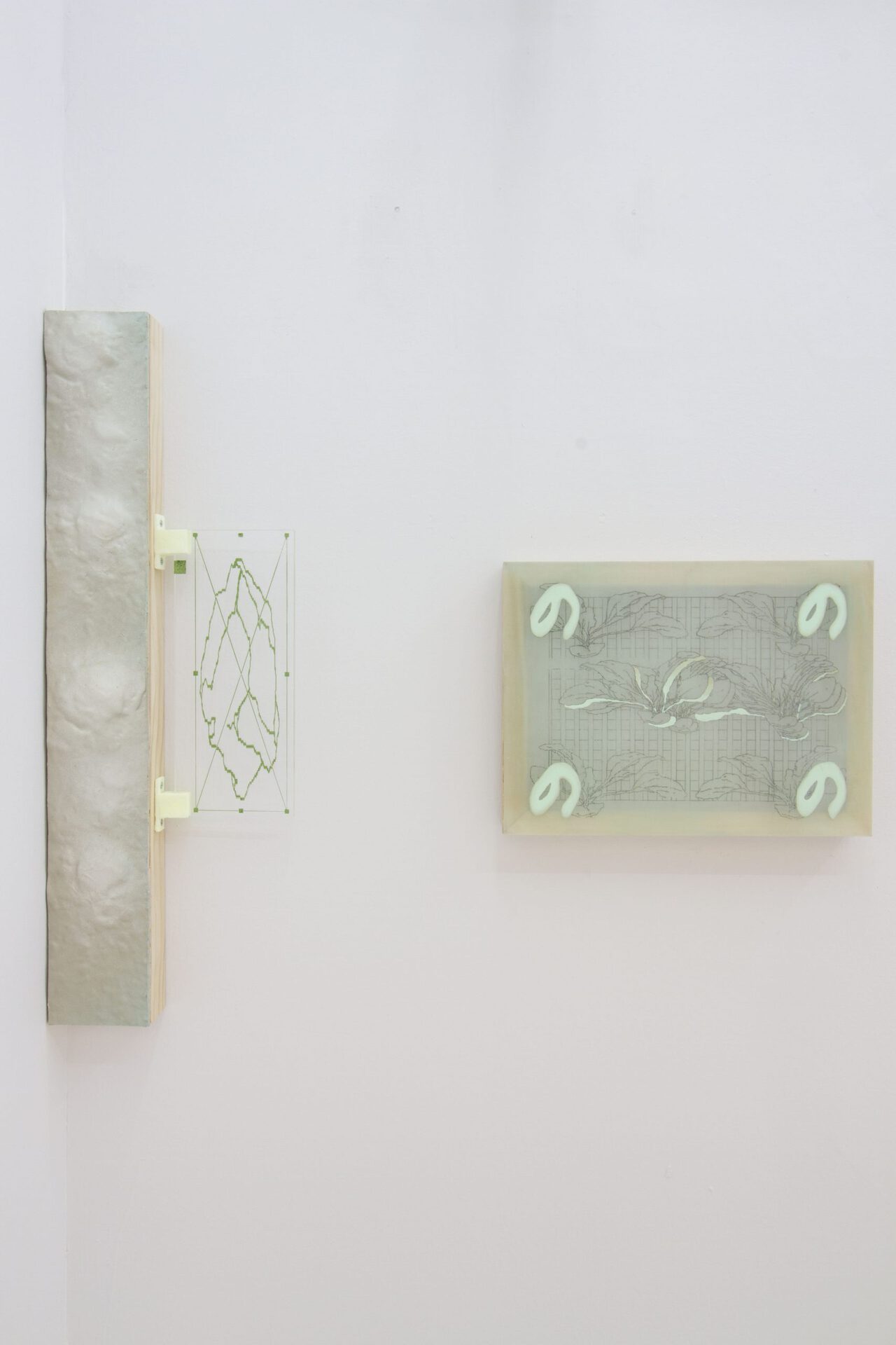 Naomi Nakazato  Left: A Soft Spot for a Rupture. Acrylic, polyurethane, screenprint on plexiglass thermoplastic mounted on panel. 23.5 x 8 x 2 inches. 2020  Right: Spoil  Acrylic and graphite on mounted plexiglass. 12 x 9 x 1.5 inches. 2020