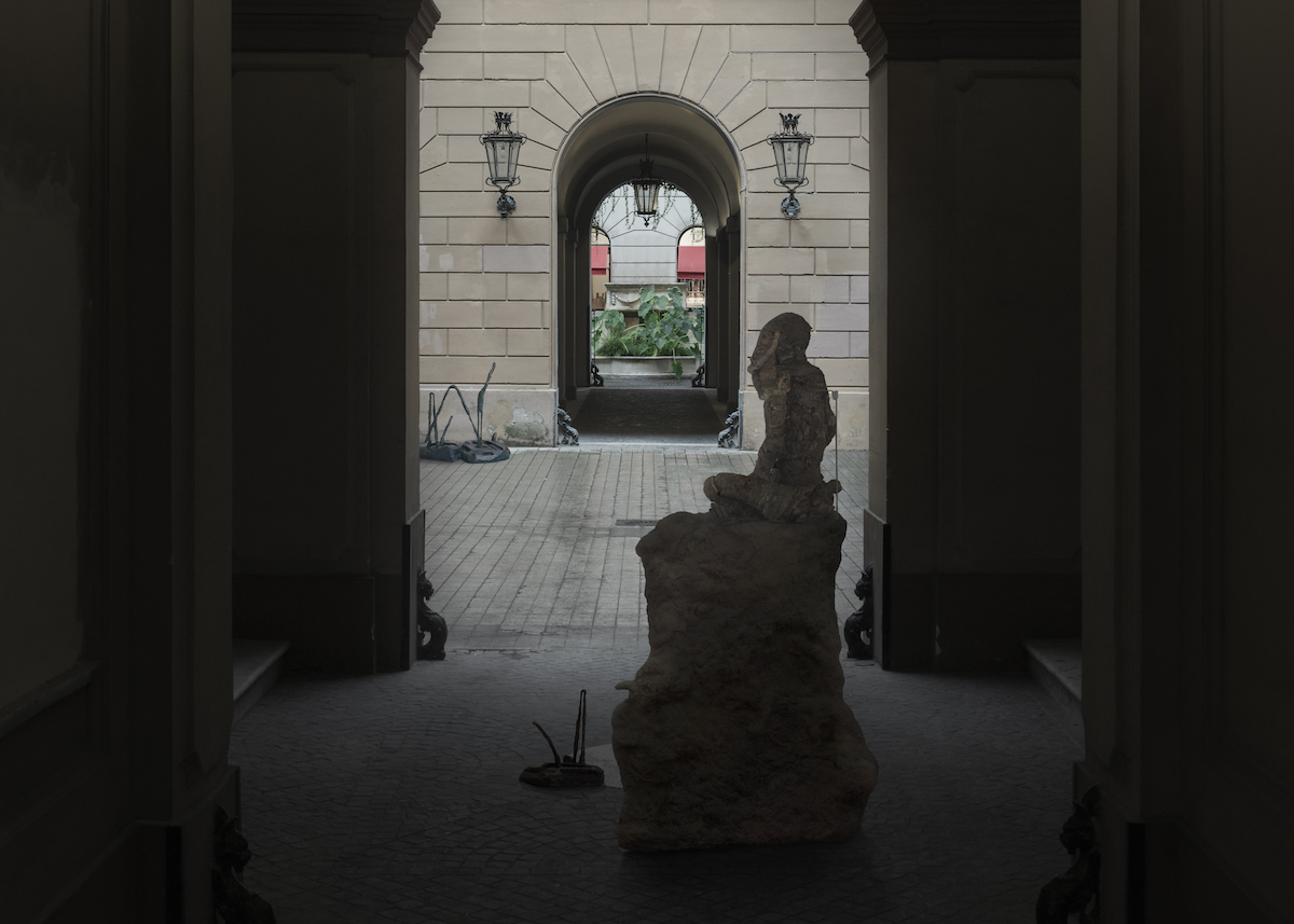 Michele Gabriele, Sitting on the ground, so I will remember it as a nice atmosphere, 2020, silicone, bandages, fabrics, acrylic color, bronze, epoxy resin, variable dimensions. Installation view in Endless Nostalghia, via dei Condotti, Rome, IT, 2020. Courtesy of the artist, 101 Numeri Pari and Treti Galaxie