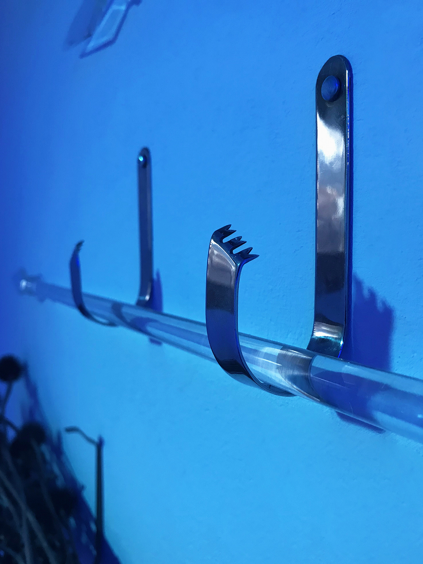 Floryan Varennes, Panoply 2.0 (ensemble), 2020 Double glass arrows, medical spacers, echinacea purpurea, steel chains, blue light. Collaboration: Cardis Glass Works, Switzerland. 130 x 140 cm