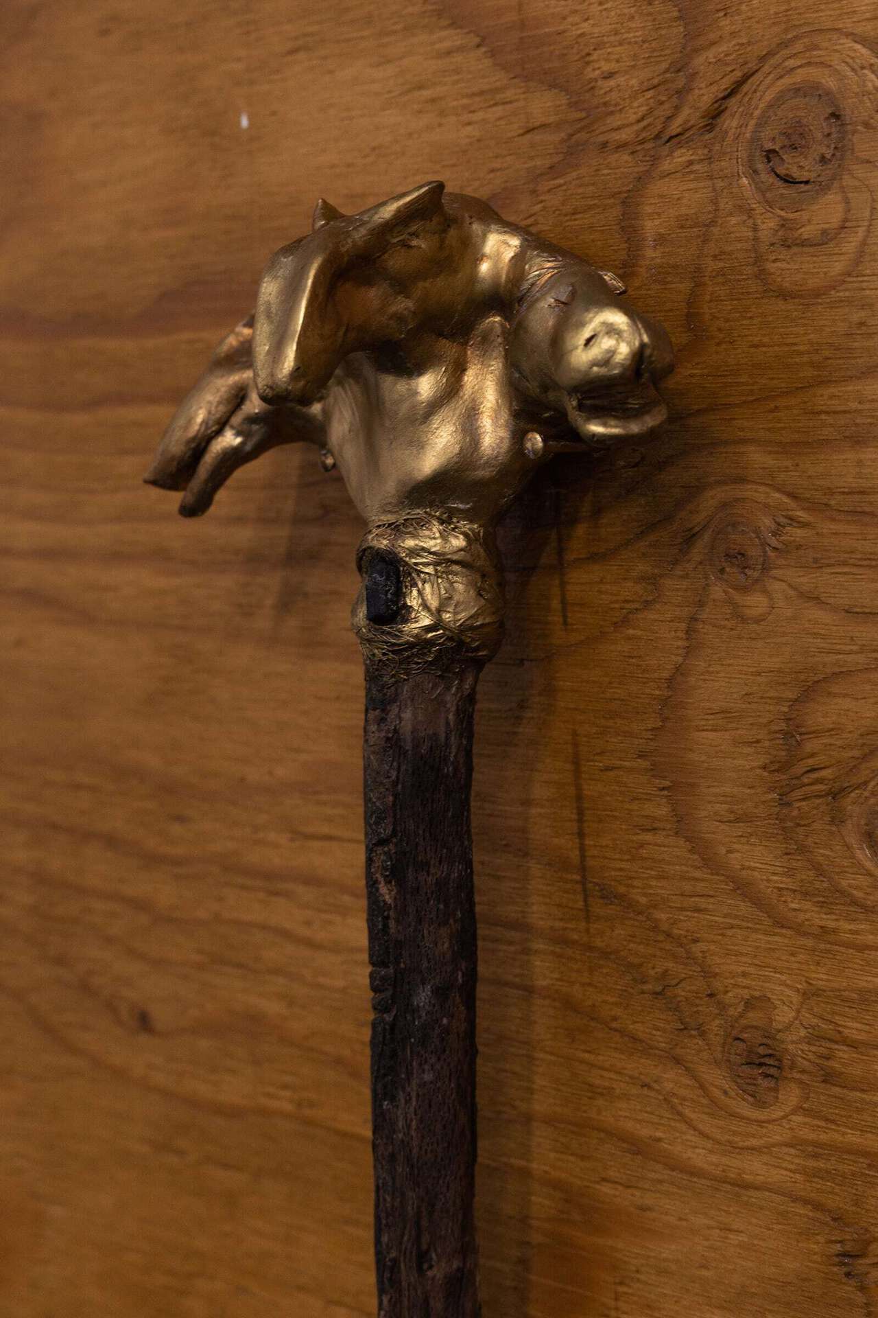 Sasha Nesterkina, Untitled (detail), 2019, Clay, wood, tourmaline, 45x14x7 cm.