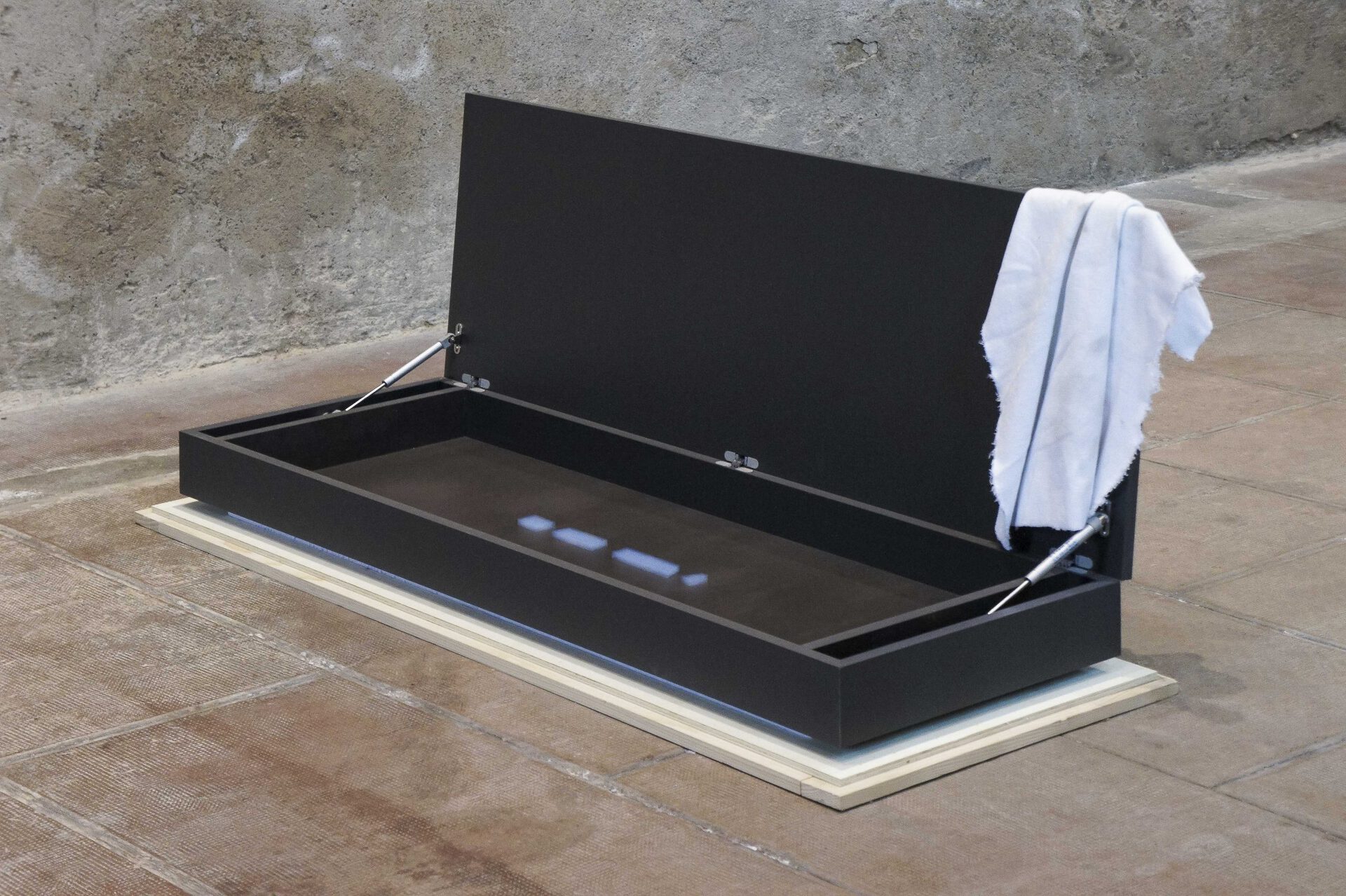 Exhibition and Storage Unit No.6A (Functional Pedestal Series), (09-27-2020 composition: fir, poplar, extruded polystyre- ne, microfiber, silica aerogel / Position 1), 2020 Fir, poplar, extruded polystyrene, medium, stainless steel, microfiber, silica aerogel 63,2 x 148,4 x 54,4 cm