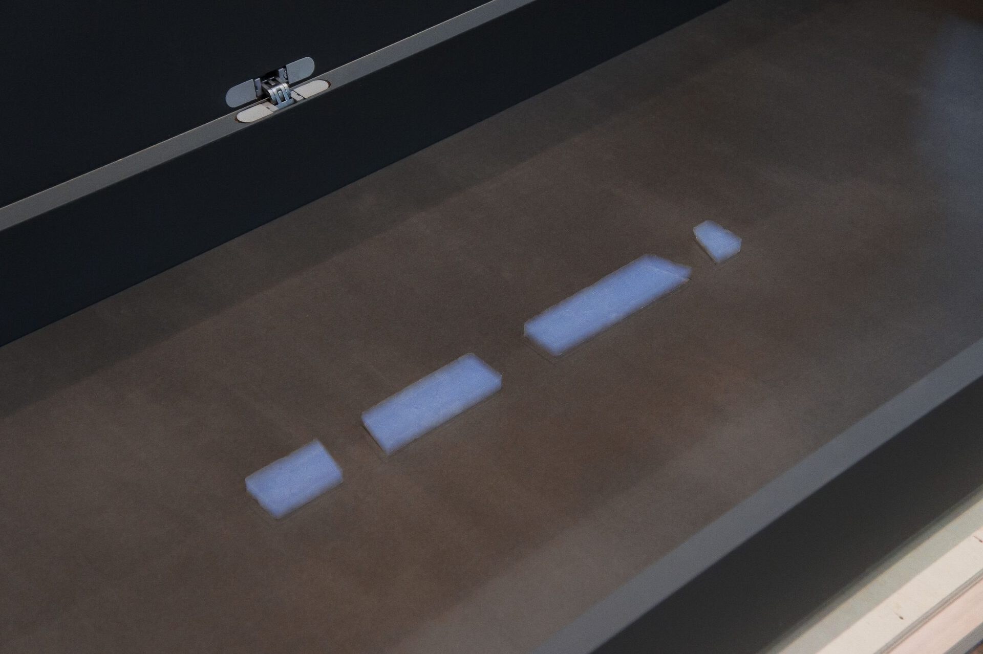 Exhibition and Storage Unit No.6A (Functional Pedestal Series), (09-27-2020 composition: fir, poplar, extruded polystyre- ne, microfiber, silica aerogel / Position 1), 2020 Fir, poplar, extruded polystyrene, medium, stainless steel, microfiber, silica aerogel 63,2 x 148,4 x 54,4 cm (Details 1)