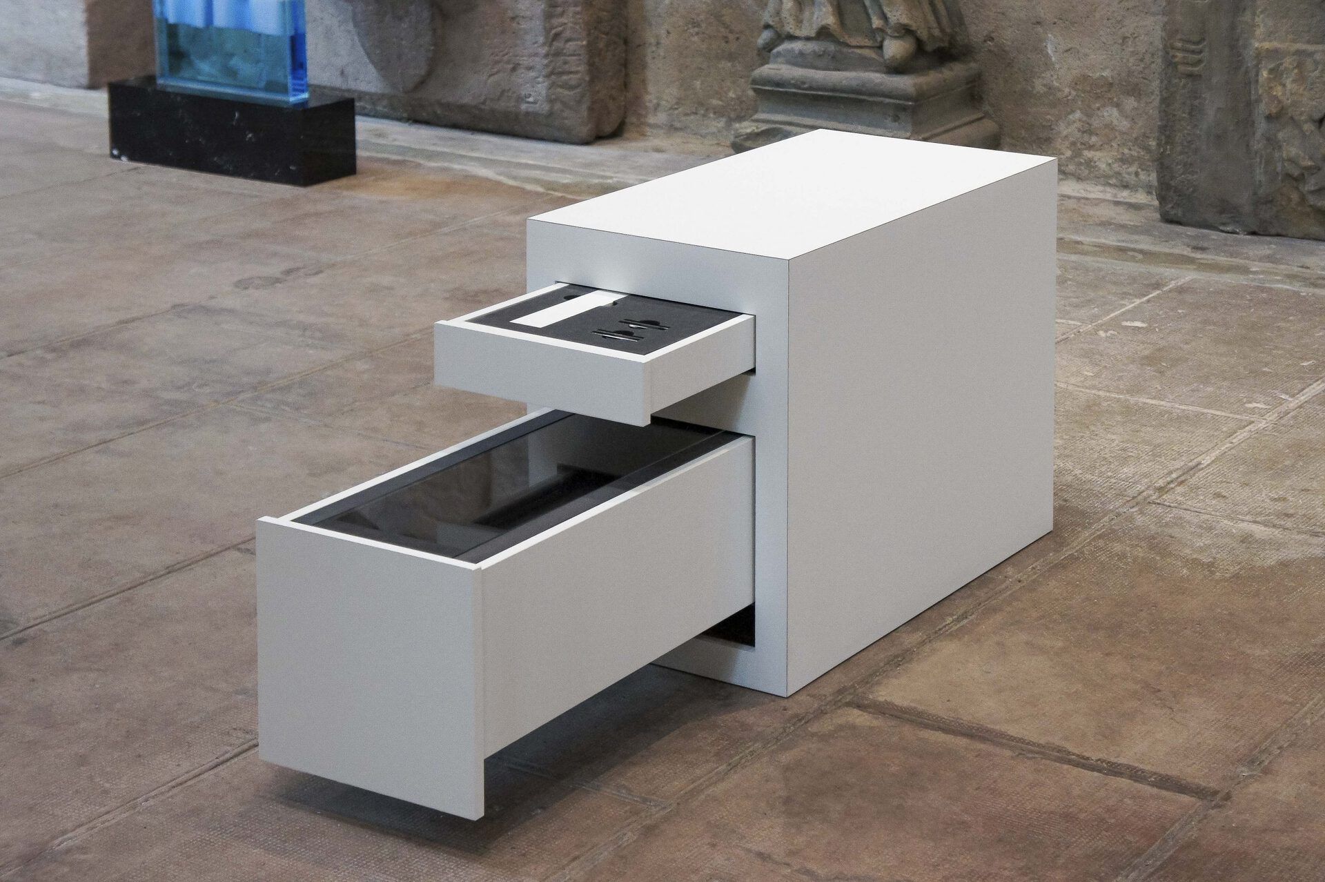 Exhibition and Storage Unit No.1 (Functional Pedestal Series), (Position 1-1), 2020 Medium, polyurethane, extra white glass, glycerin, borosilicate glass 60 x 150 x 40 cm