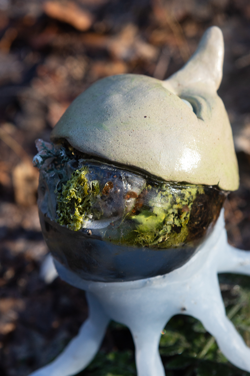 Aniara Omann, A Different Kind of Love (Flexible) (detail), 2021 (Cast silicone, glazed stoneware, eco-resin, steel wire, pinecones, lichens, 21 x 21 x 20 cm/8 x 8 x 8 in)