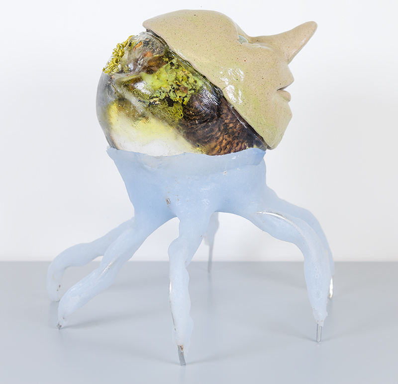 Aniara Omann, A Different Kind of Love (Flexible), 2021 (Cast silicone, glazed stoneware, eco-resin, steel wire, pinecones, lichens, 21 x 21 x 20 cm/8 x 8 x 8 in)