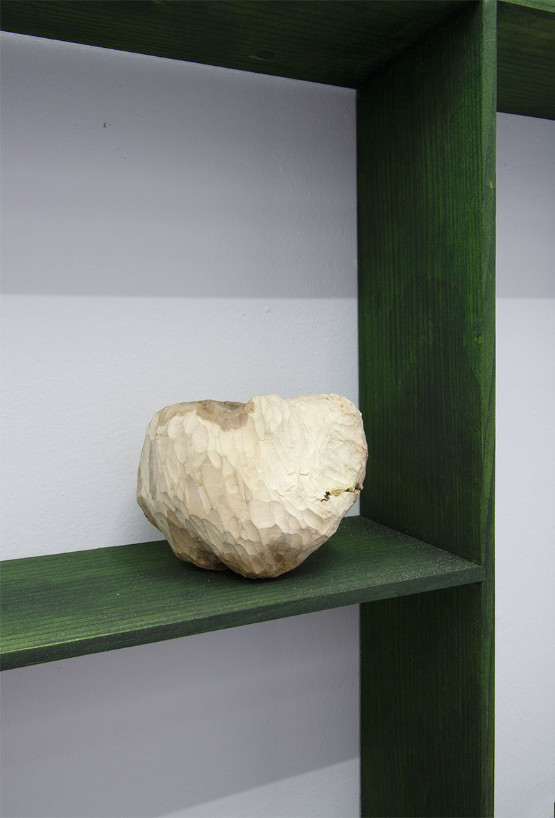 Dmitri Hertz. Apple in the grass (detail) Oiled and dyed knotty pine, Alhambra, CA apple wood, wire, adhesive 51”x 51” 2021