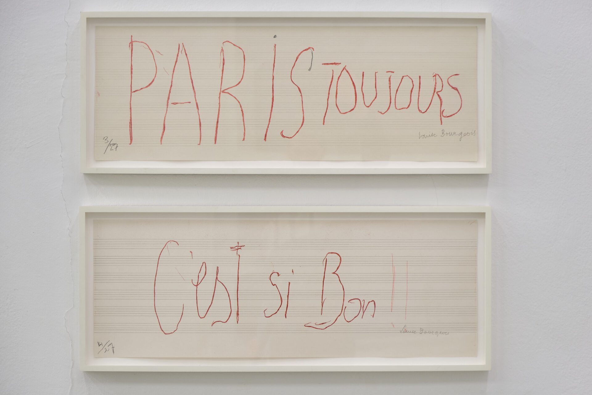 LOUISE BOURGEOIS Paris Toujours / C’est Si Bon!!, 2006 Soft ground etching and red pencil additions on music paper (staves drawn in pencil) Ed. 3/27 + Ed. 4/27 28,6 x 81,3 cm / 29,2 x 81 cm Courtesy Christine König Galerie, Vienna