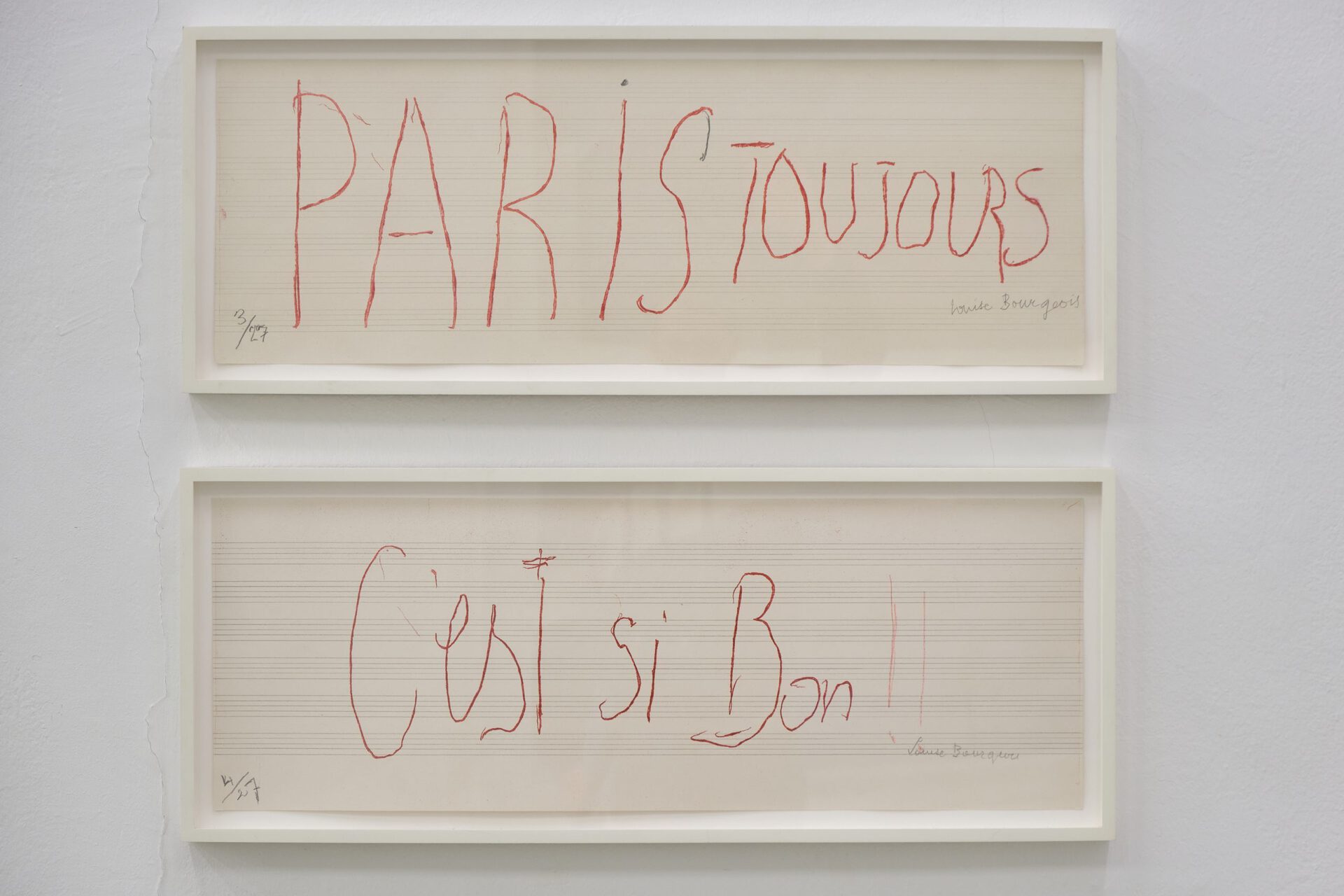 LOUISE BOURGEOIS Paris Toujours / C’est Si Bon!!, 2006 Soft ground etching and red pencil additions on music paper (staves drawn in pencil) Ed. 3/27 + Ed. 4/27 28,6 x 81,3 cm / 29,2 x 81 cm Courtesy Christine König Galerie, Vienna