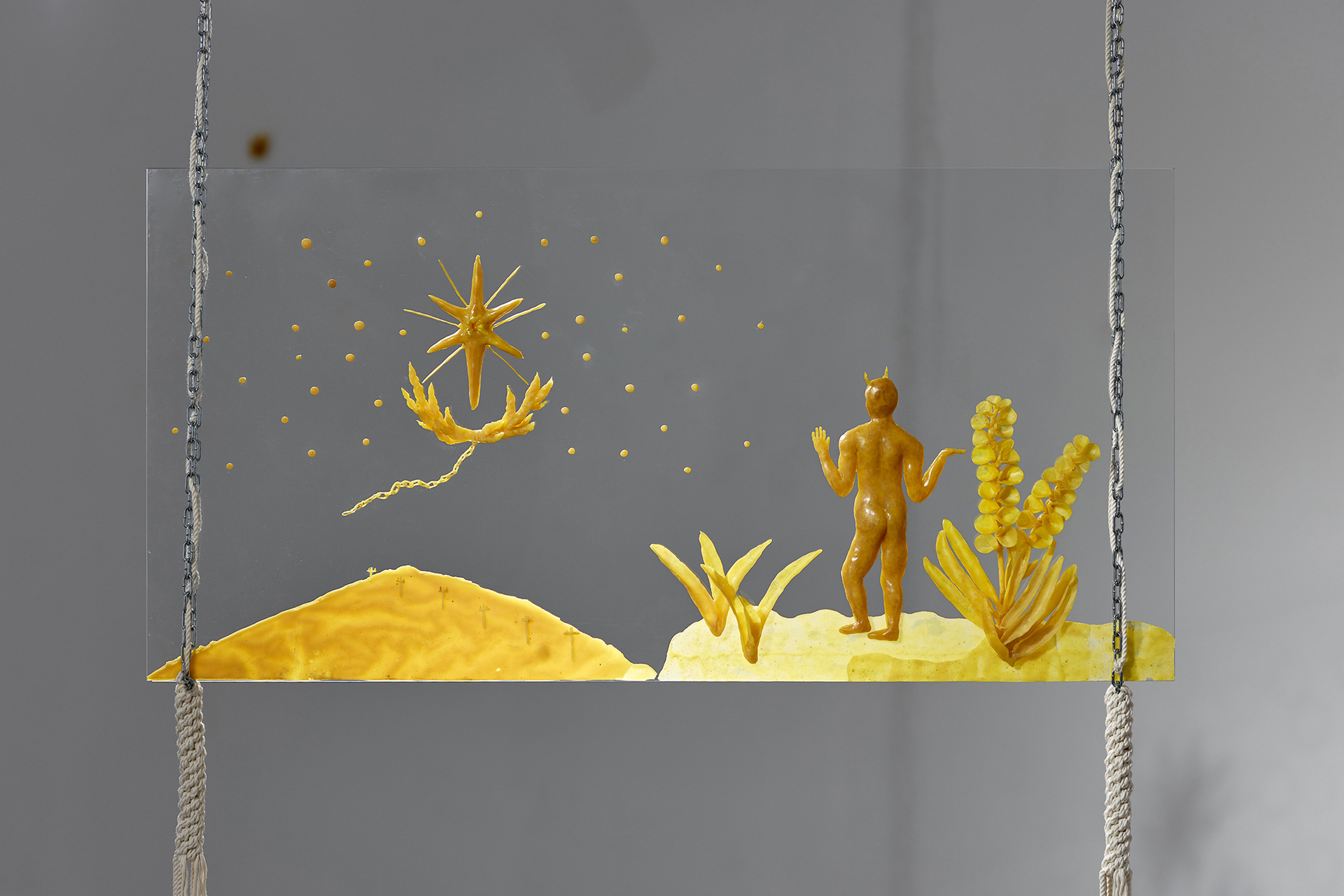 Gideon Horváth, Faun with a hard on looking into the advanced future, 2021, beeswax, glass, 100x50 cm, front view, photo by Dávid Bíró