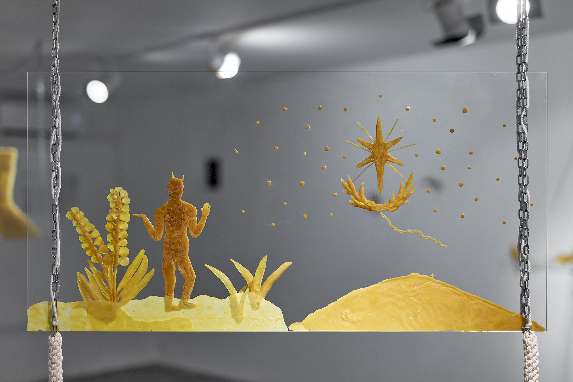 Gideon Horváth, Faun with a hard on looking into the advanced future, 2021, beeswax, glass, 100x50 cm, back view, photo by Dávid Bíró