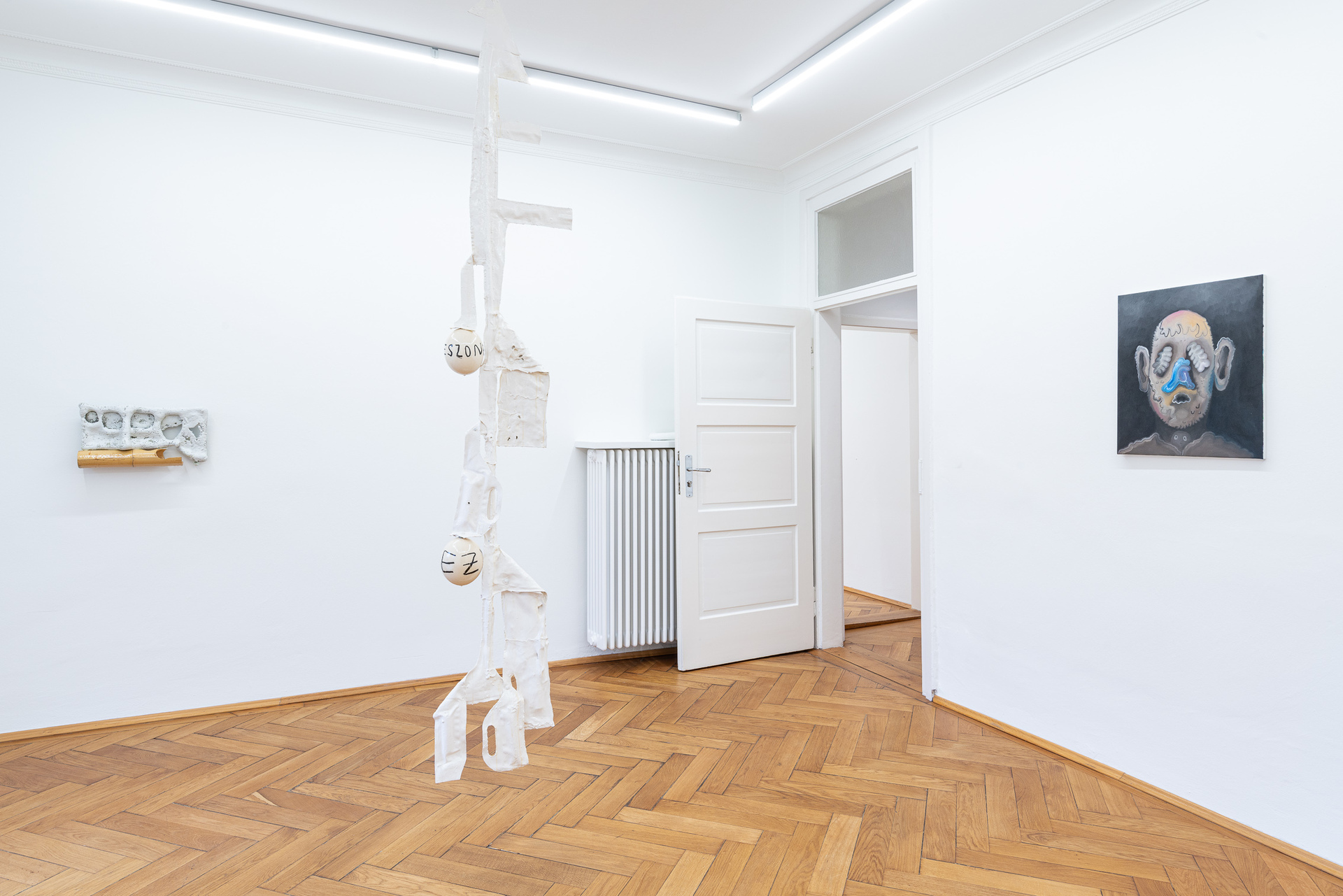 Installation view of the exhibition "On Survival" with works by Alan Stefanato and Piotr Lakomy at Britta Rettberg, 2021.