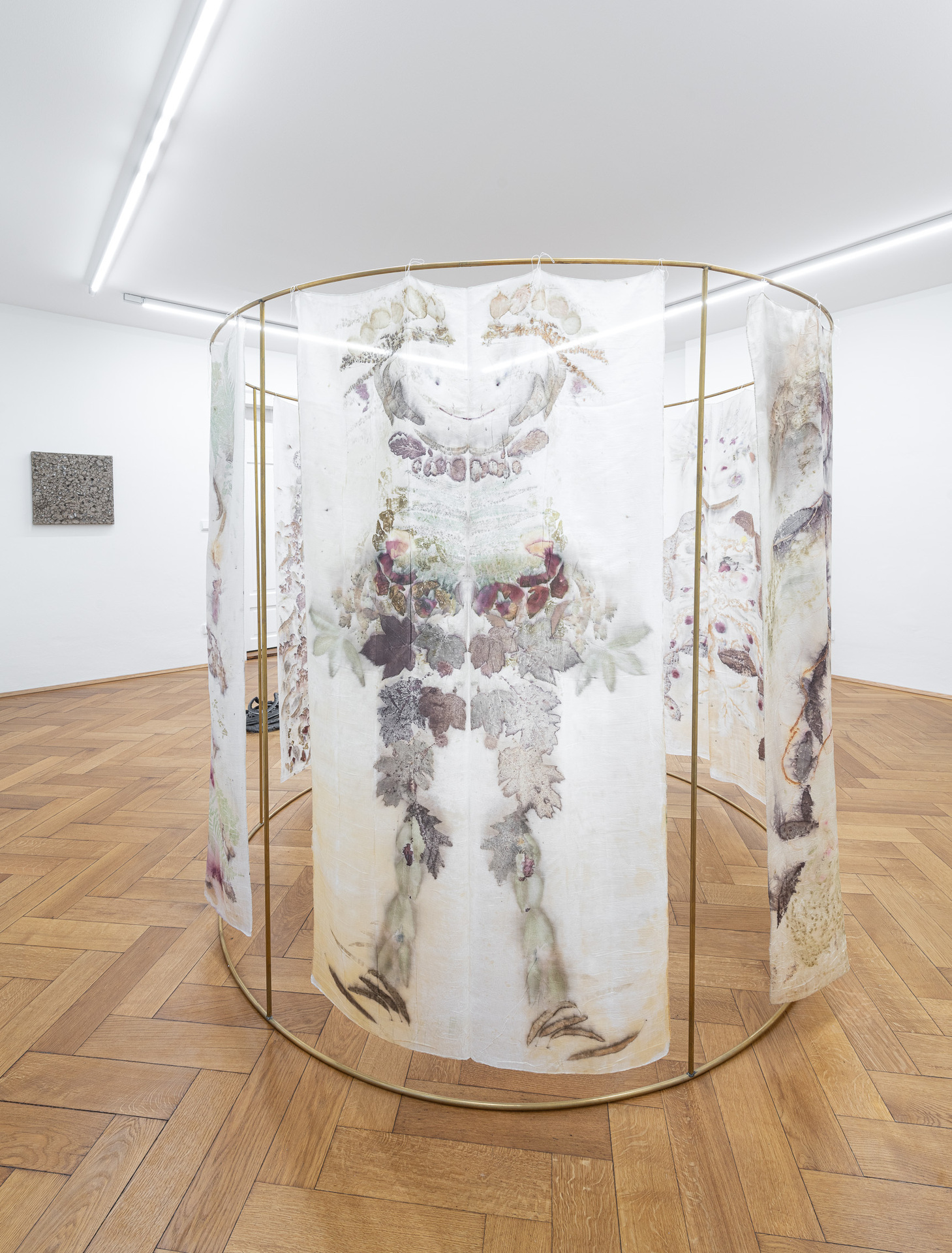 Chiara Camoni and the workshop participants at Mostyn (Wales), "Untitled (A Tent)", 2019 brass, vegetal print on silk, 175 cm x Ø 211 cm