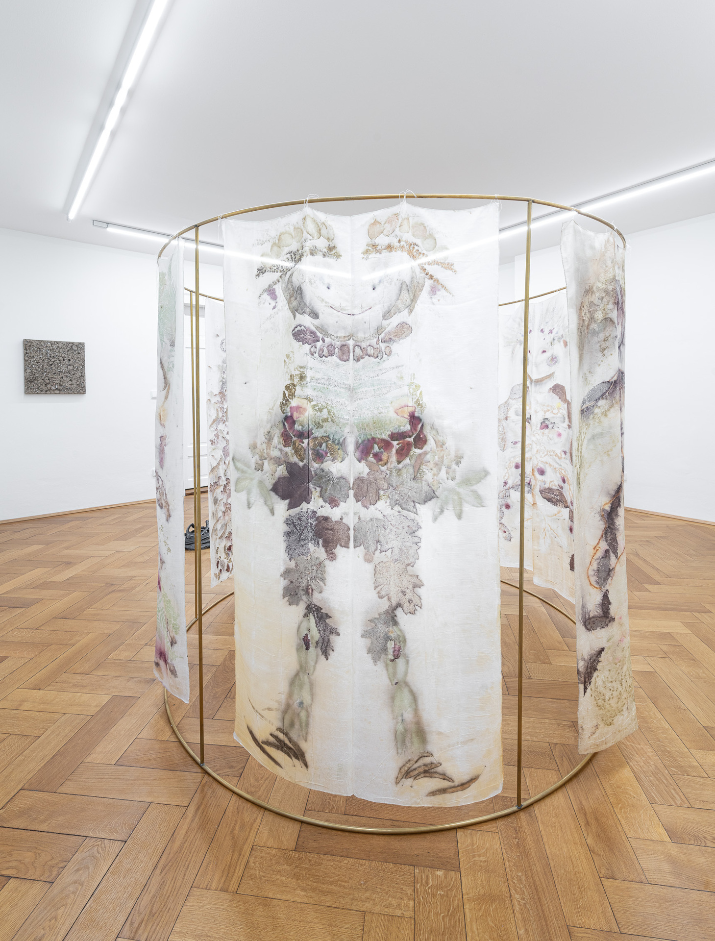 Chiara Camoni and the workshop participants at Mostyn (Wales), "Untitled (A Tent)", 2019 brass, vegetal print on silk, 175 cm x Ø 211 cm