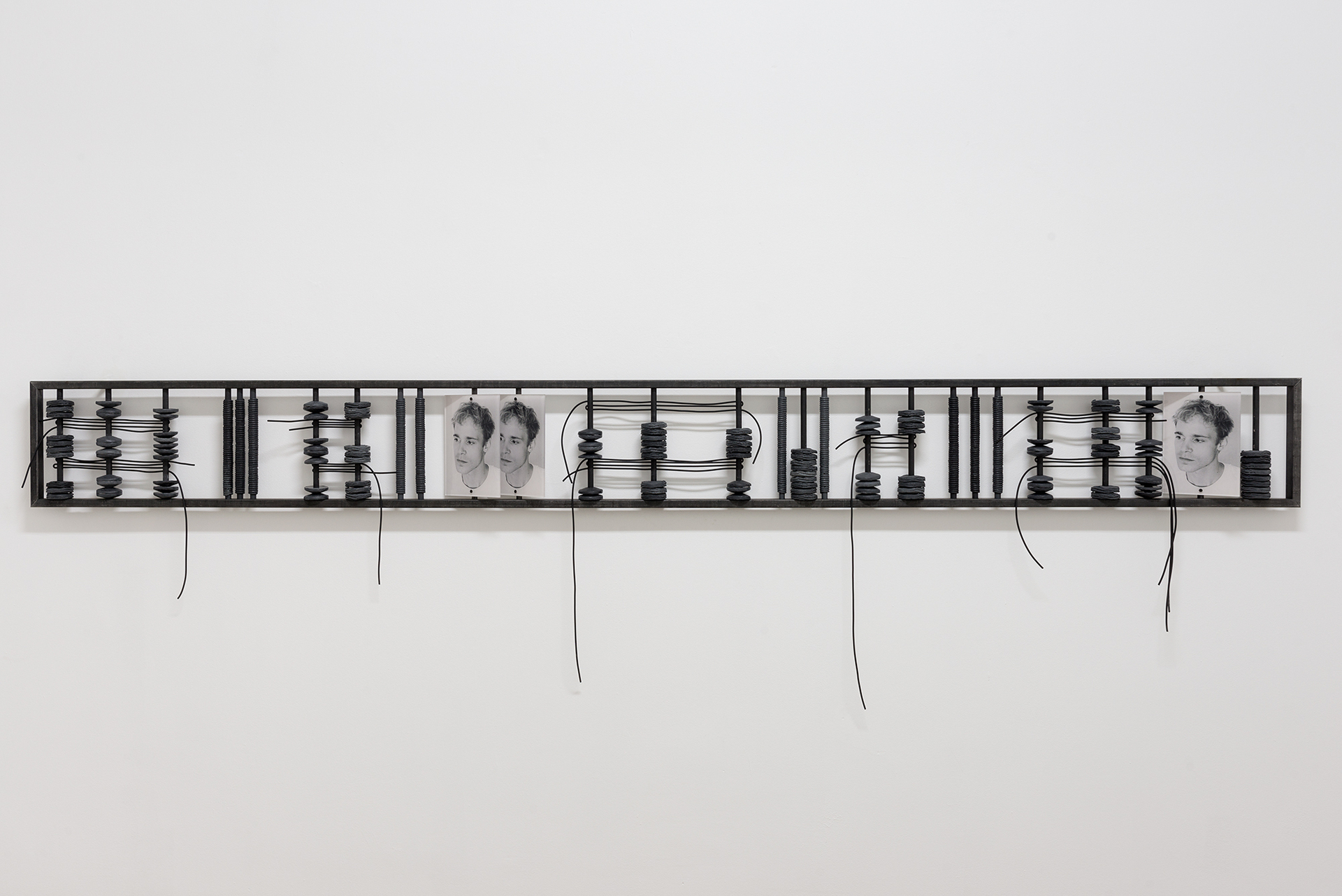 Sasha Auerbakh, Sebastian S. 1, 2020, Steel, pigmented Kiwopur, wood, paint, rubber, UV print on Acryl glass 300 cm x 30 cm x 8 cm