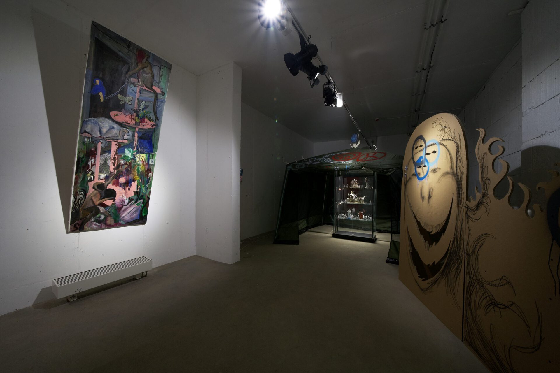 Vladimir Kartashov, the fragment of the show "Innocent pranks. Technorococo", 2021, mixed media, cardboard, paintings, approx. 21 sq m.