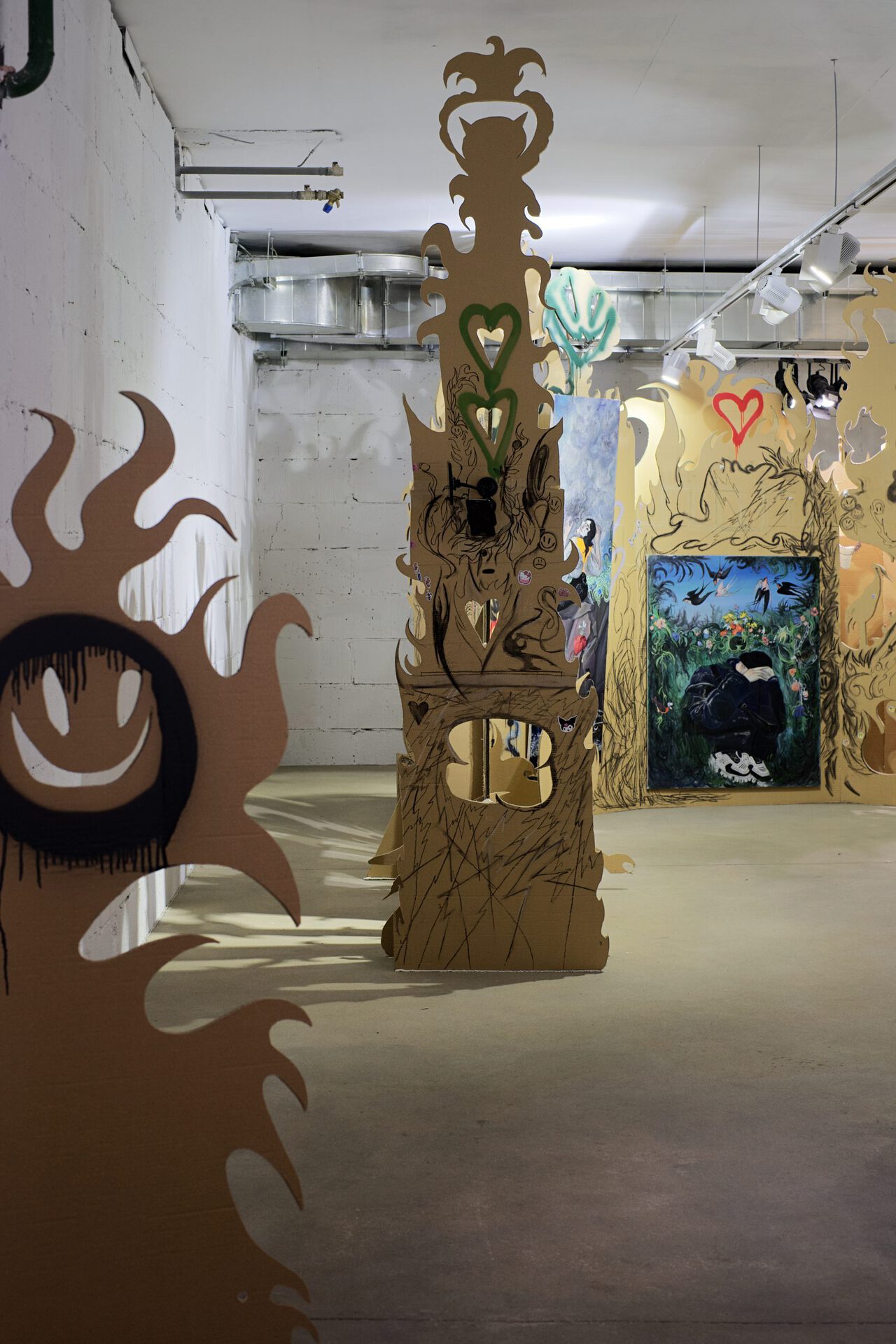 Vladimir Kartashov, the fragment of the labyrinth in the "Innocent pranks. Technorococo", 2021, mixed media, cardboard, stickers
